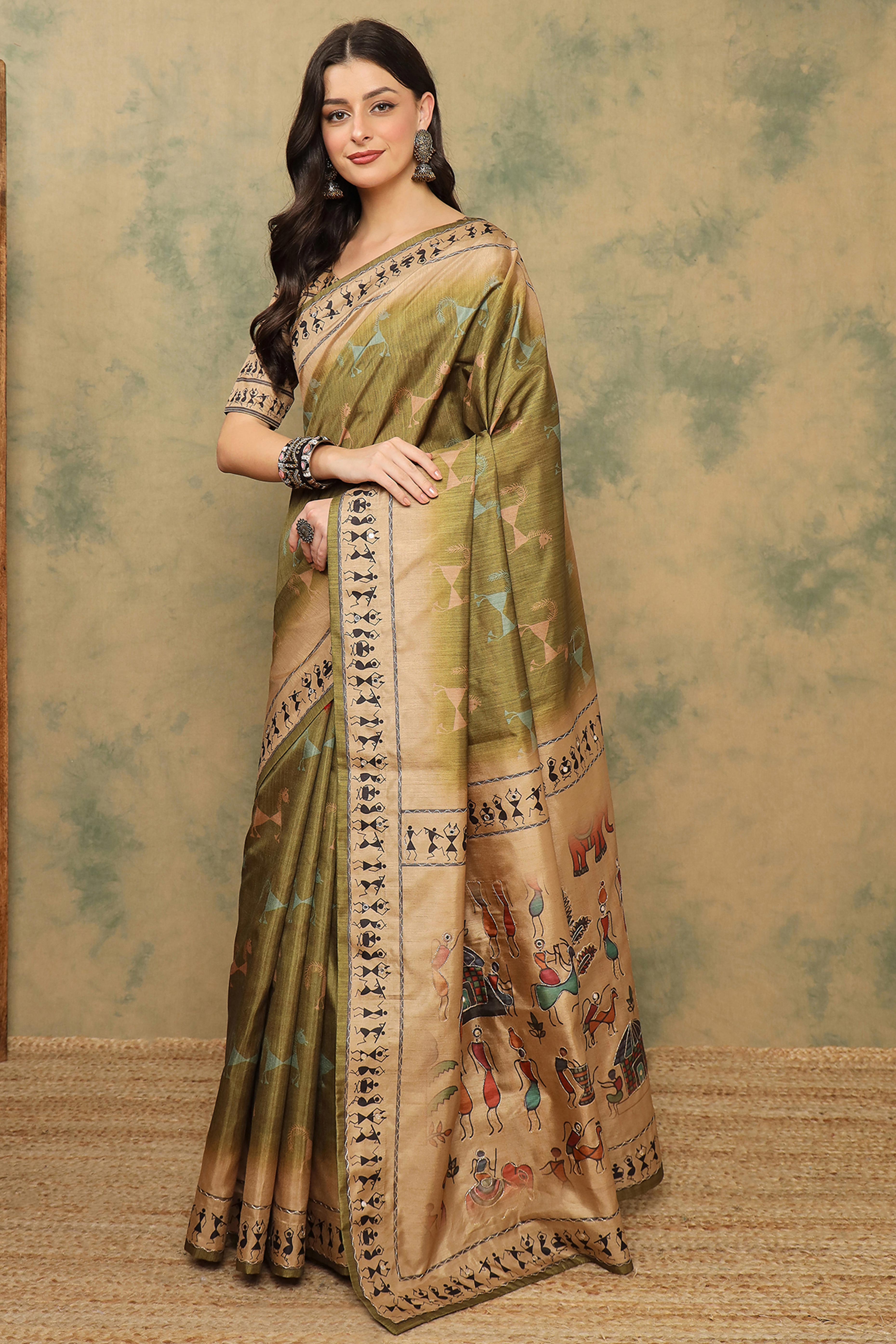 Green Traditional Warli Motifs Cotton Silk Saree Lightweight Ethnic Elegance
