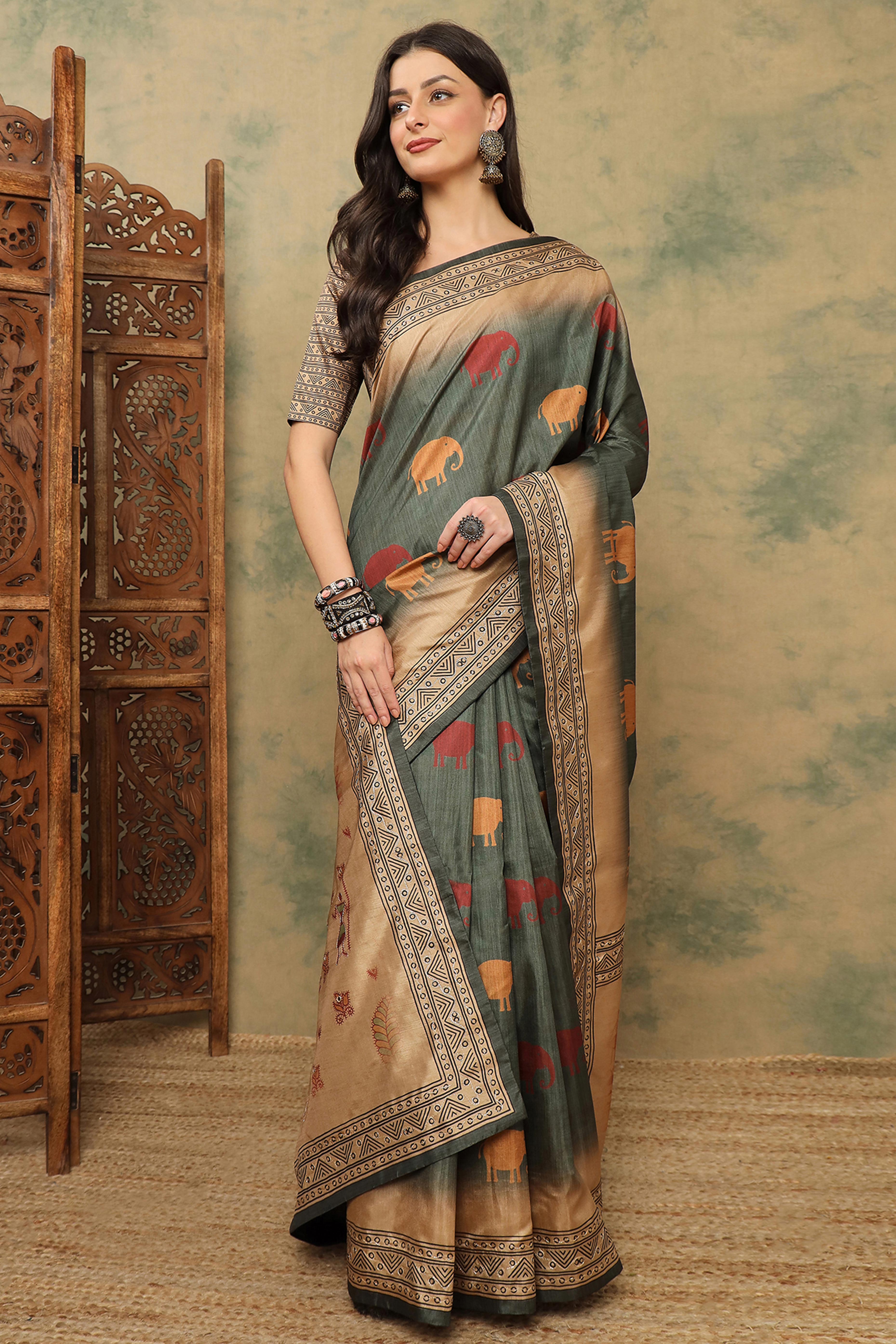 Greyish Green Warli Folk Art Printed Cotton Silk Saree Flowy Drape Festive Wear