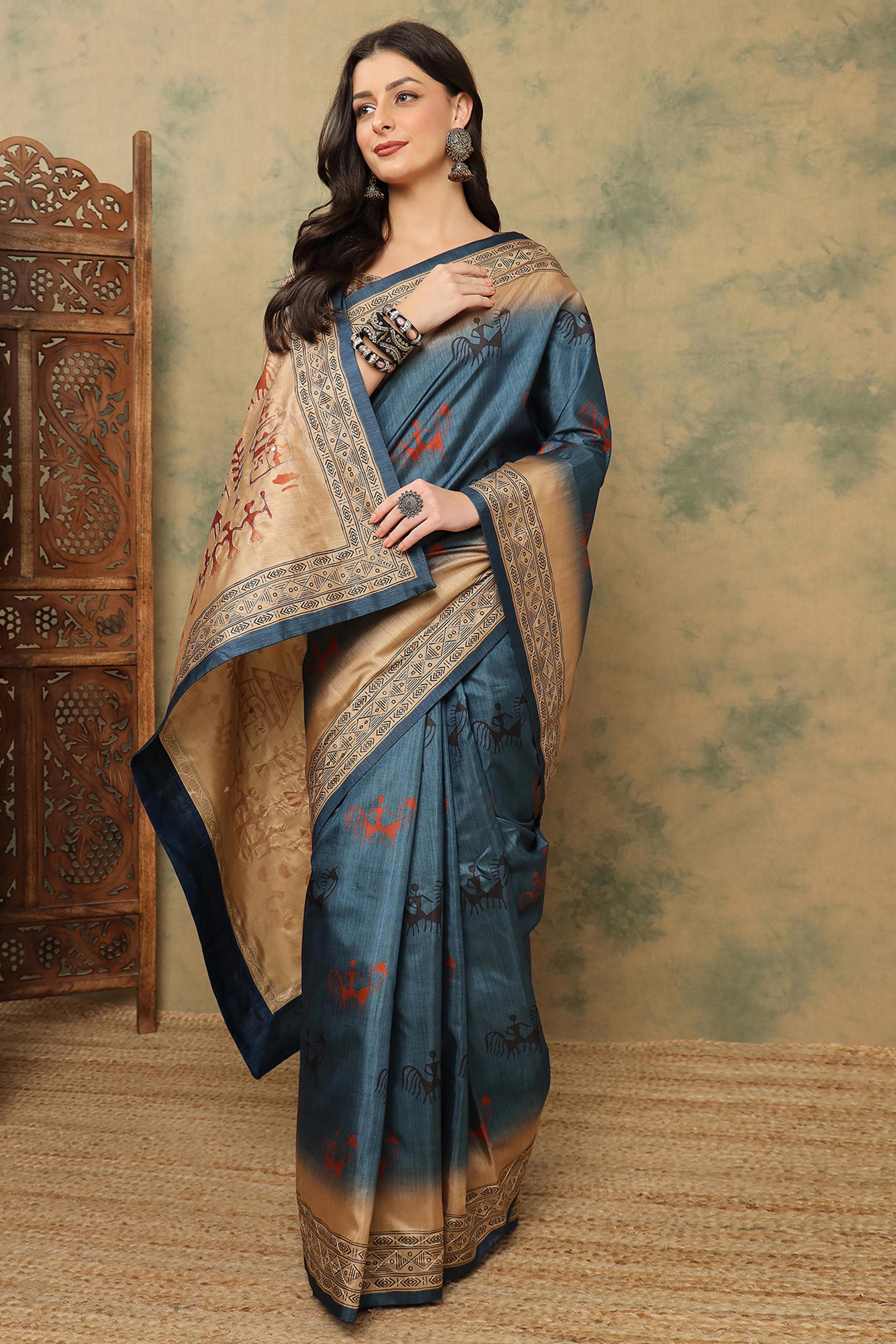 Blue Warli Folk Art Printed Cotton Silk Saree Flowy Drape Festive Wear