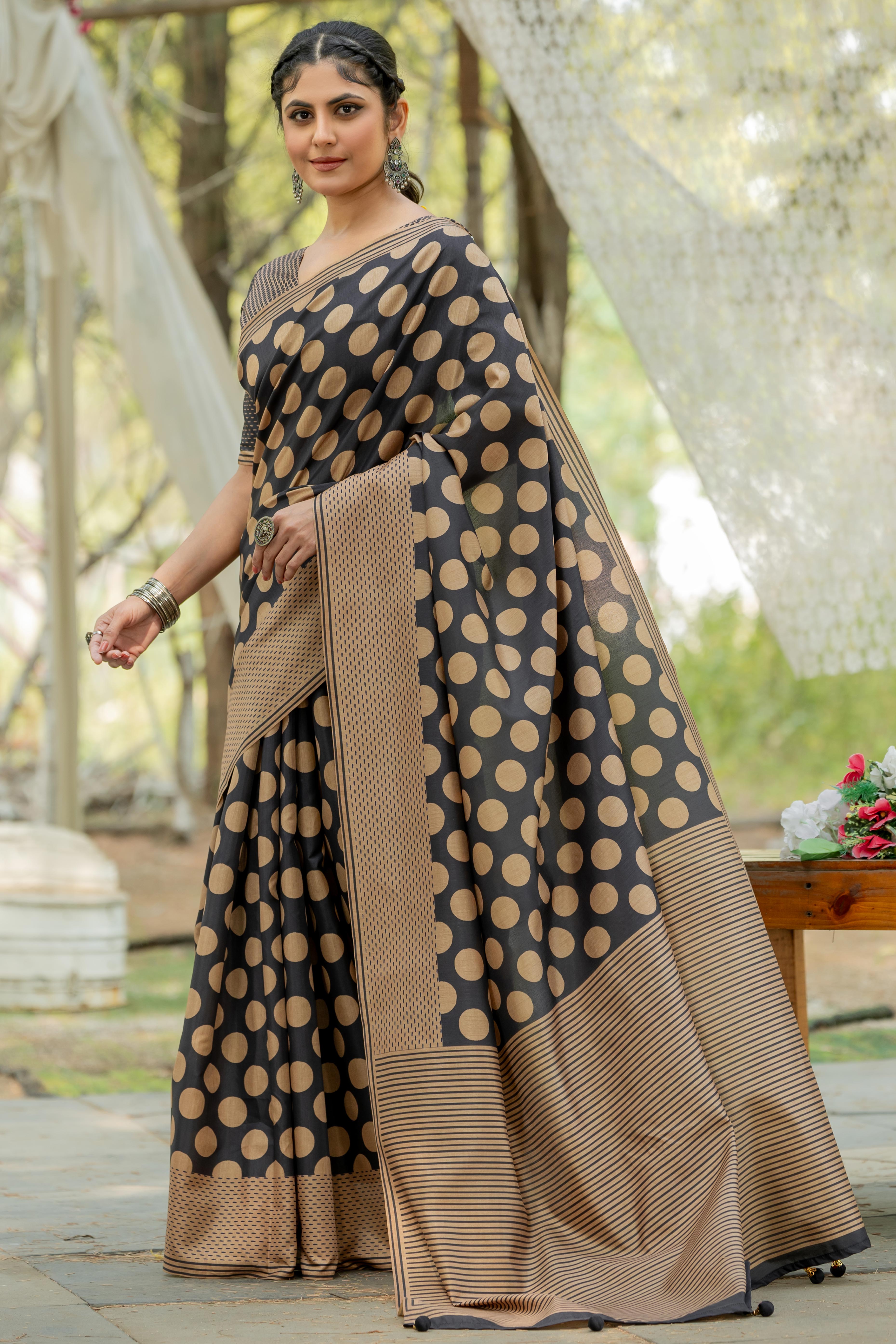 Black Kozi Cotton Silk Saree Showcasing Digital Prints and Soft Tassel Edging