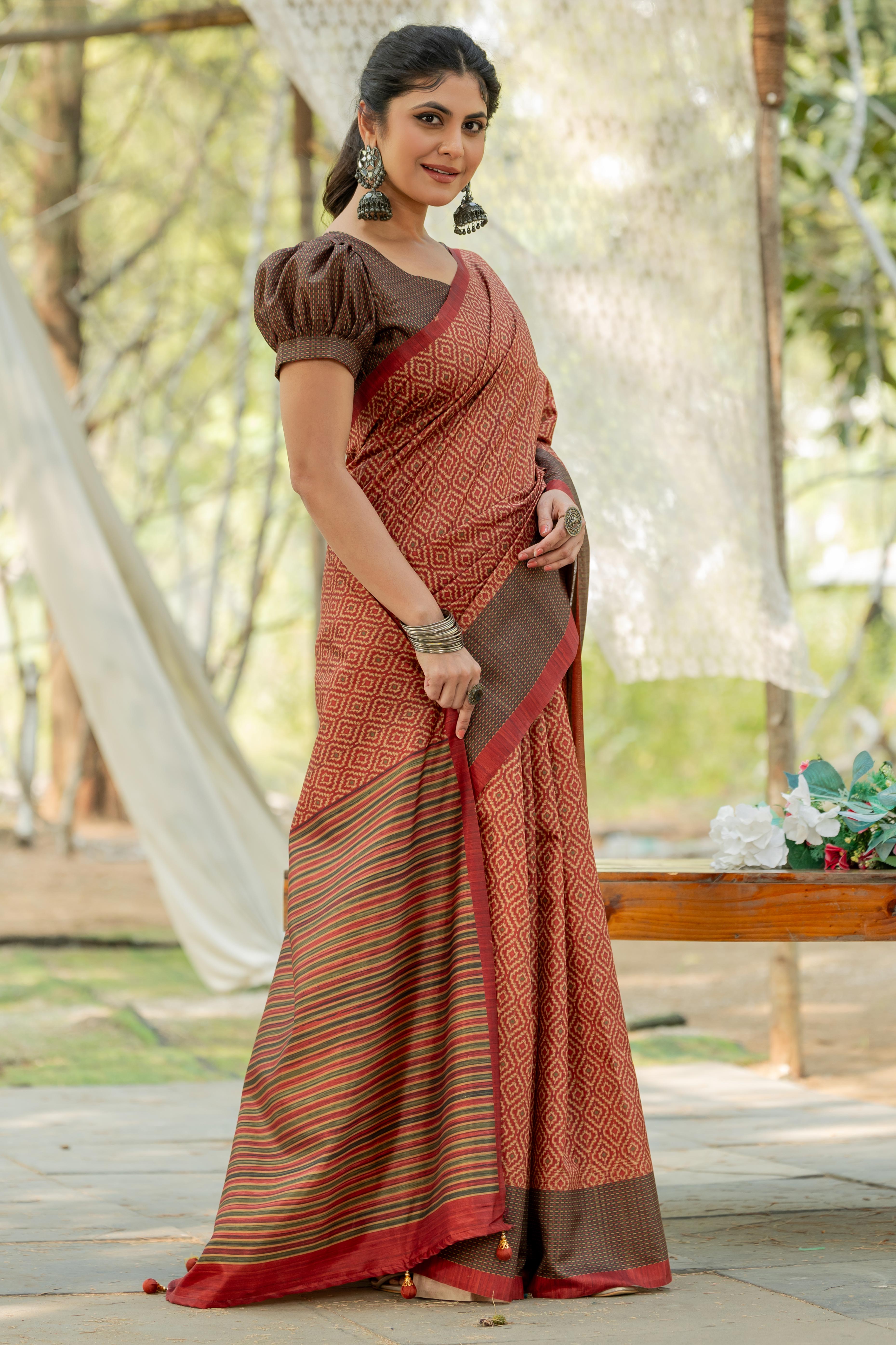 Rust Kozi Cotton Silk Saree Showcasing Digital Prints and Soft Tassel Edging