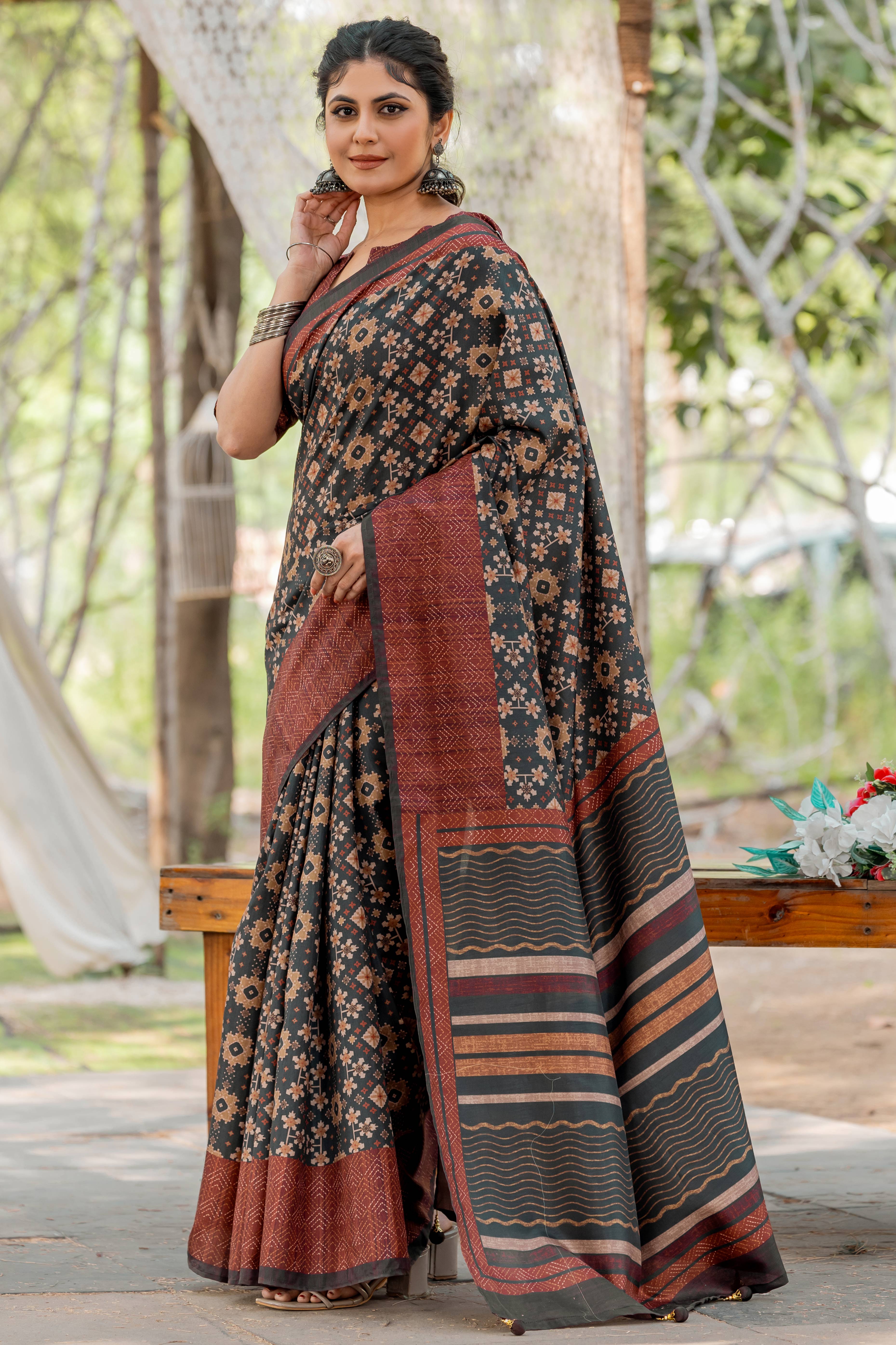 Black Kozi Cotton Silk Saree With Digital Prints and Soft Tassel Edging