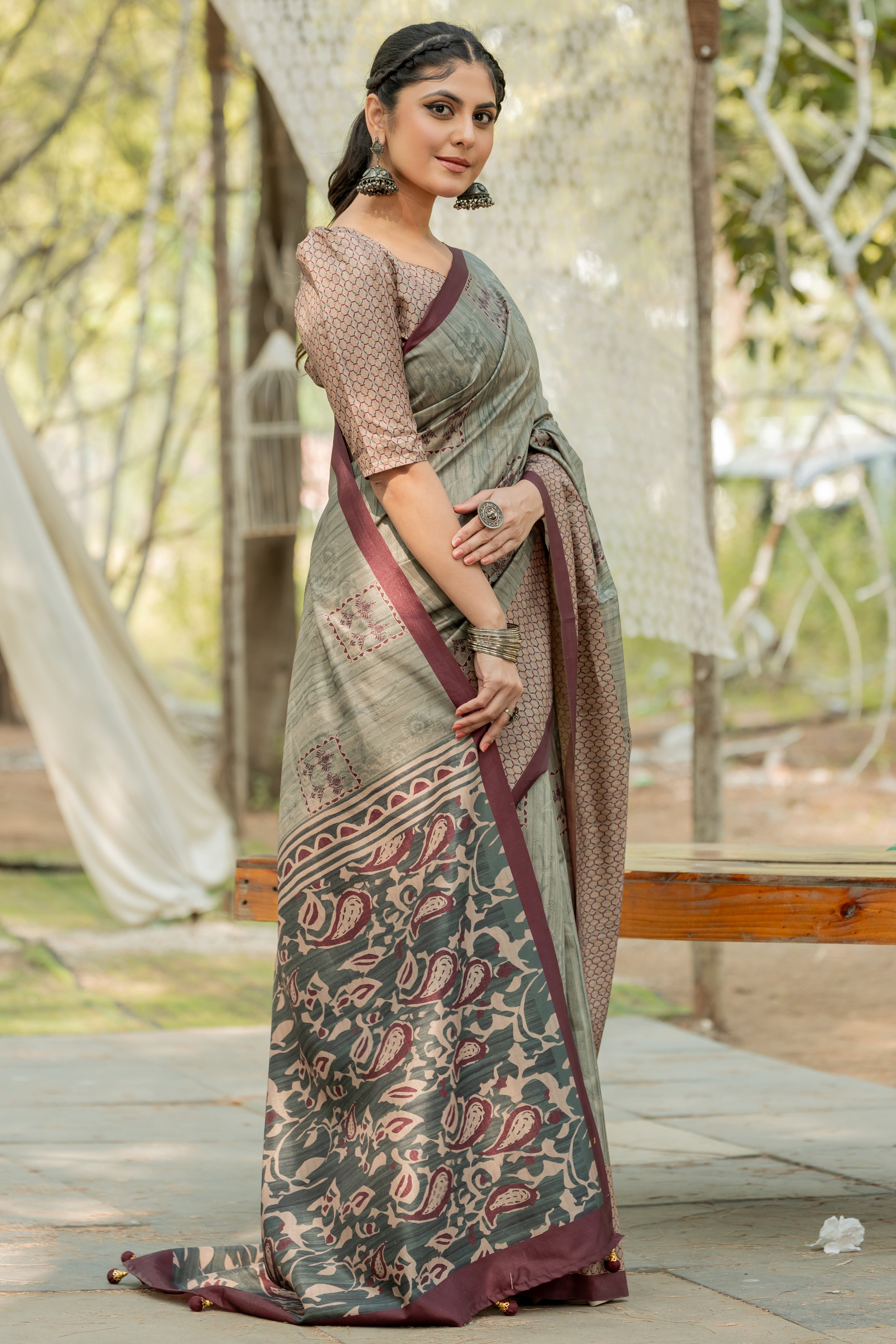 Sage Green Kozi Cotton Silk Saree Showcasing Digital Prints and Soft Tassel Edging