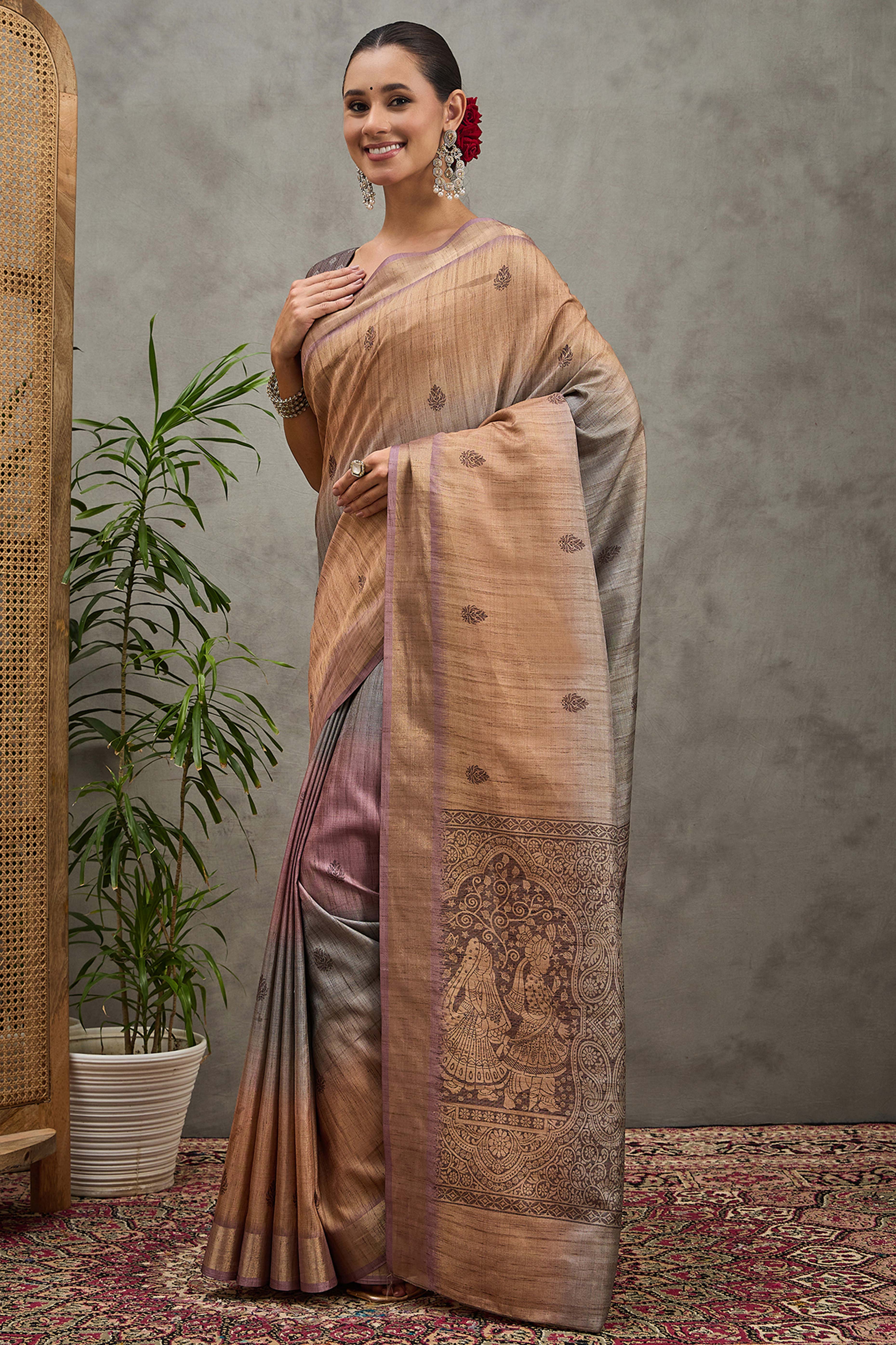 Beige Festive Wear Art Silk Saree Featuring Intricate Floral Print