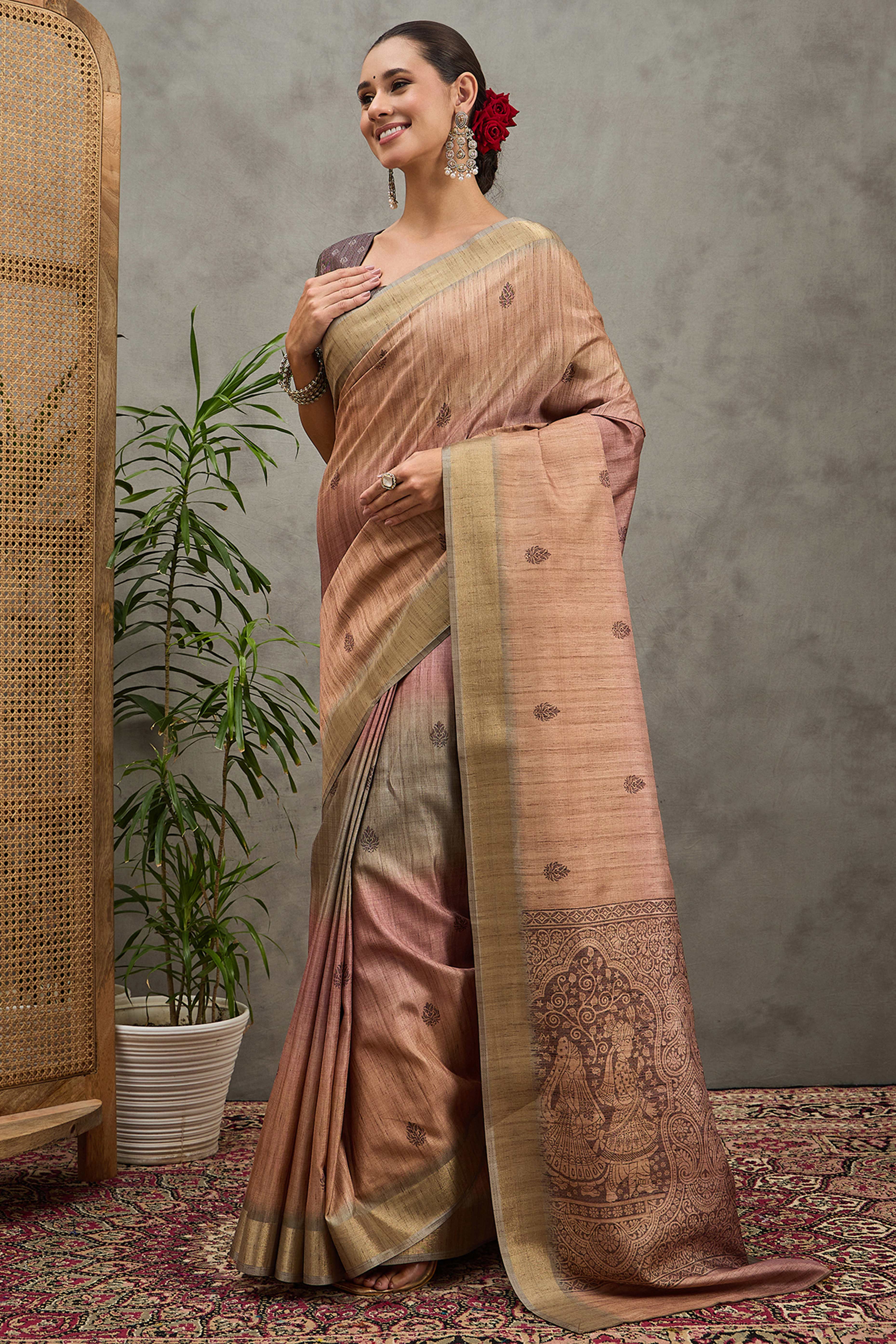Beige Festive Wear Art Silk Saree Featuring Intricate Floral Weaving