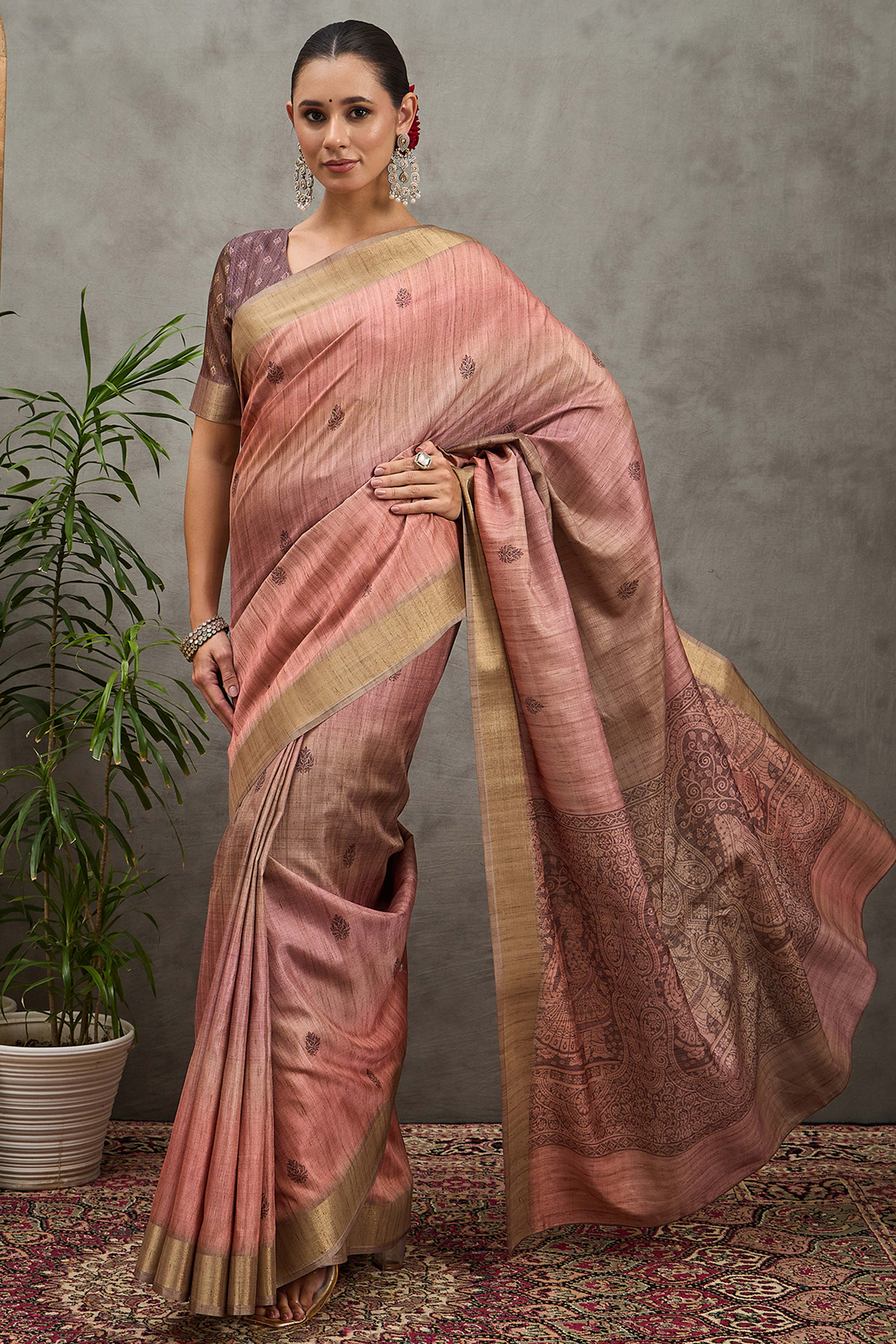 Peach Festive Wear Art Silk Saree Featuring Intricate Floral Weaving