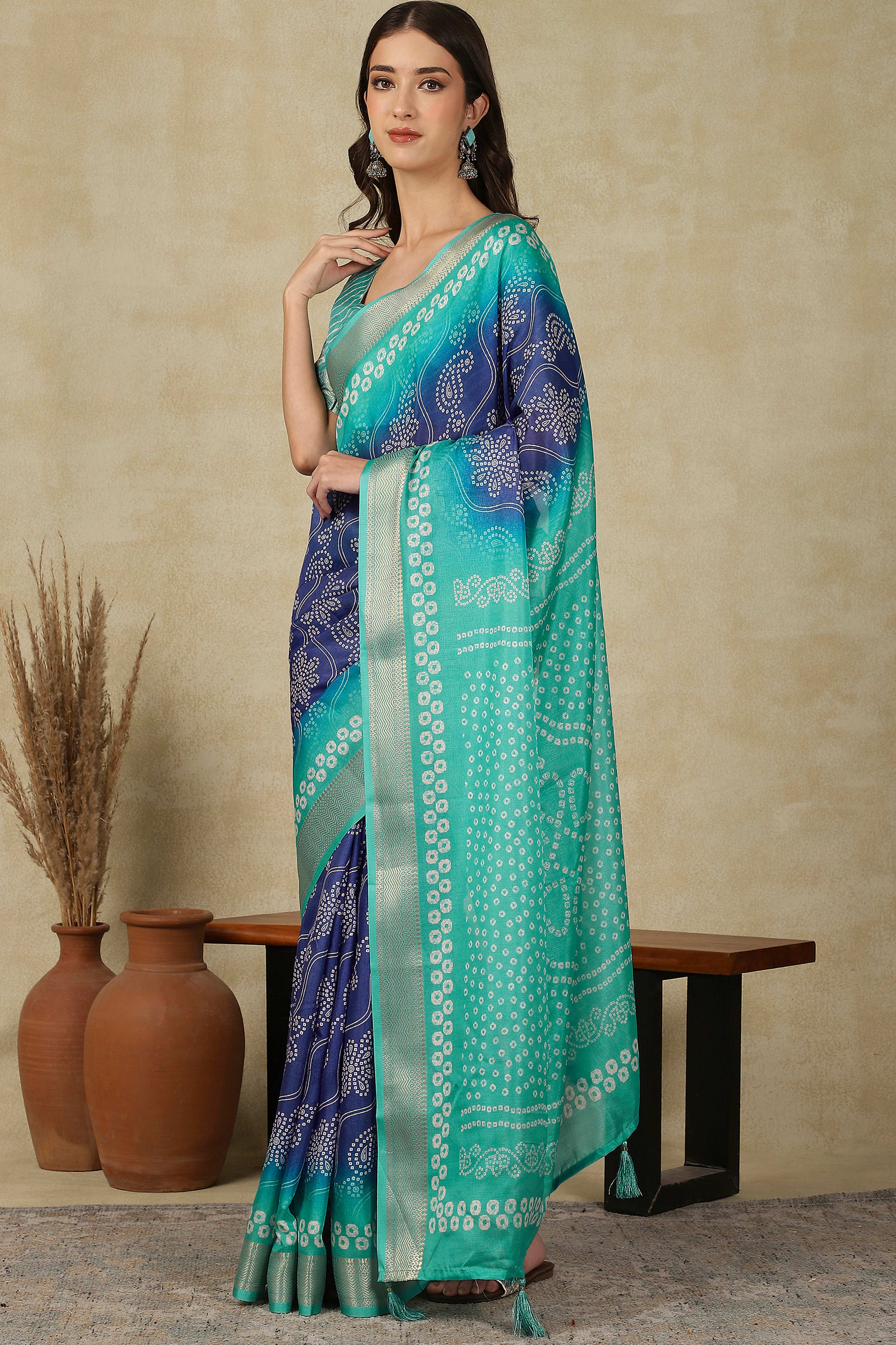 Luxury Blue & Turquoise Bandhani Print Cotton Silk Saree Featuring Weaving Border & Tassel Pallu
