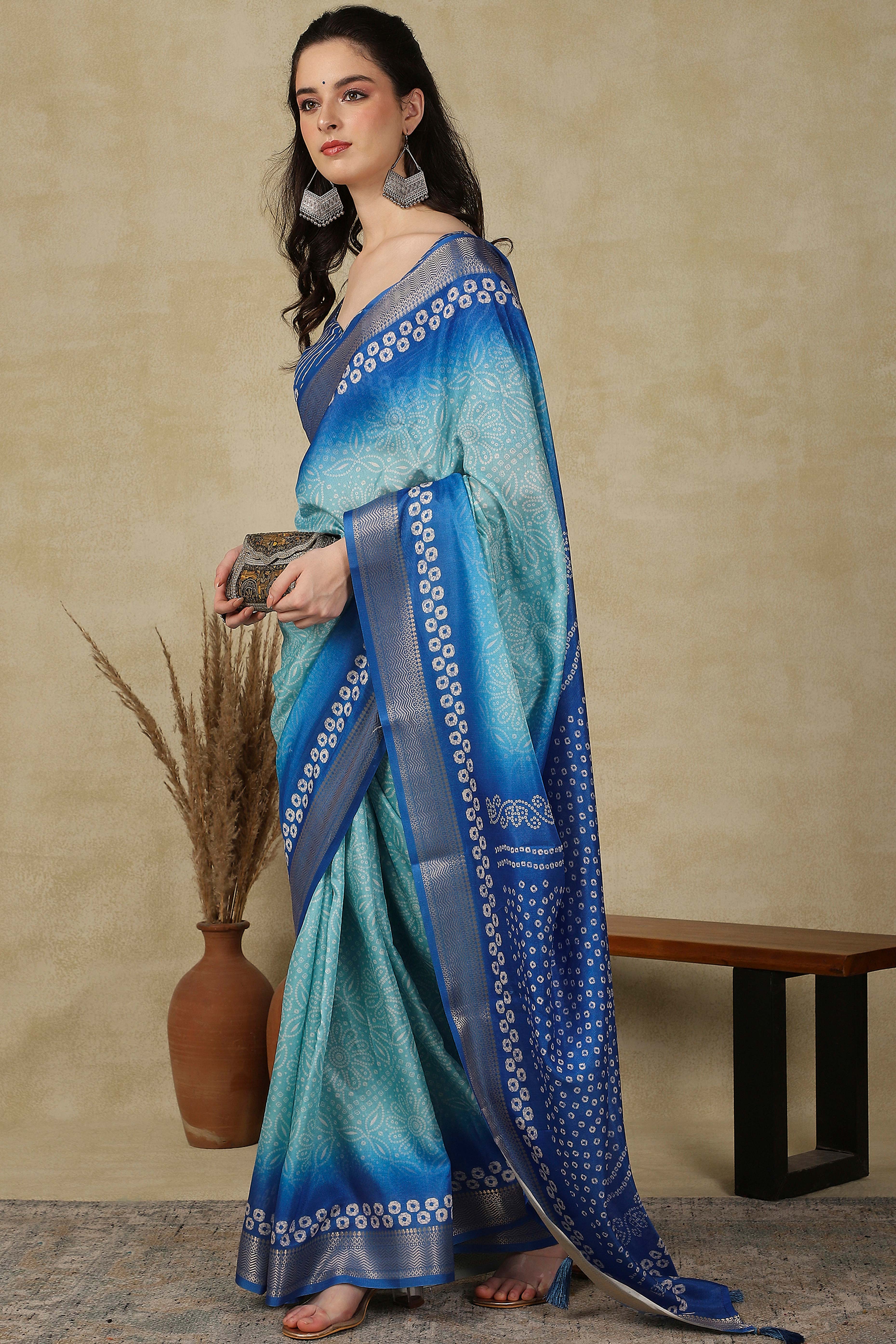 Luxury Blue Bandhani Print Cotton Silk Saree Featuring Weaving Border & Tassel Pallu