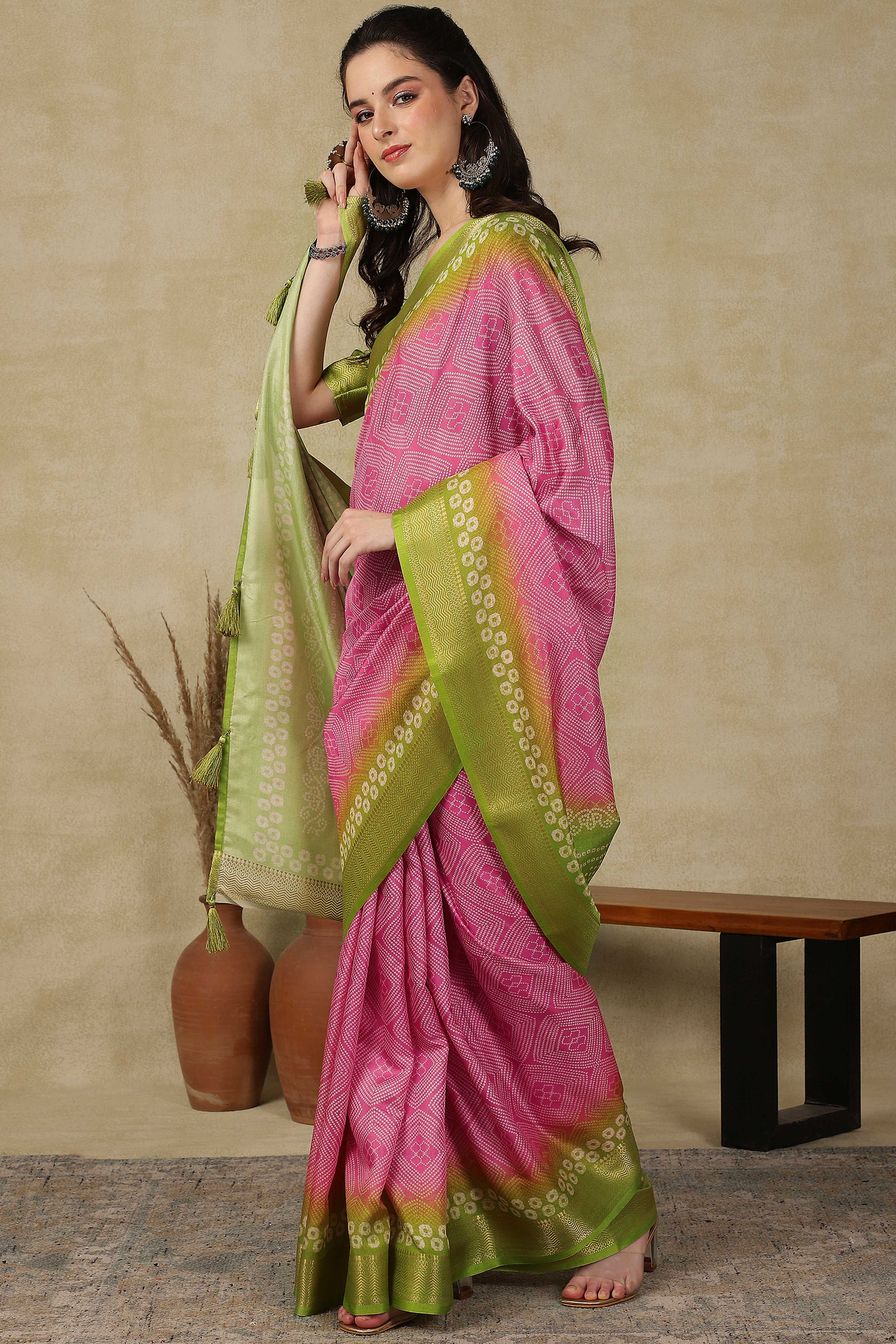 Luxury Pink & Green Bandhani Print Cotton Silk Saree Featuring Weaving Border & Tassel Pallu