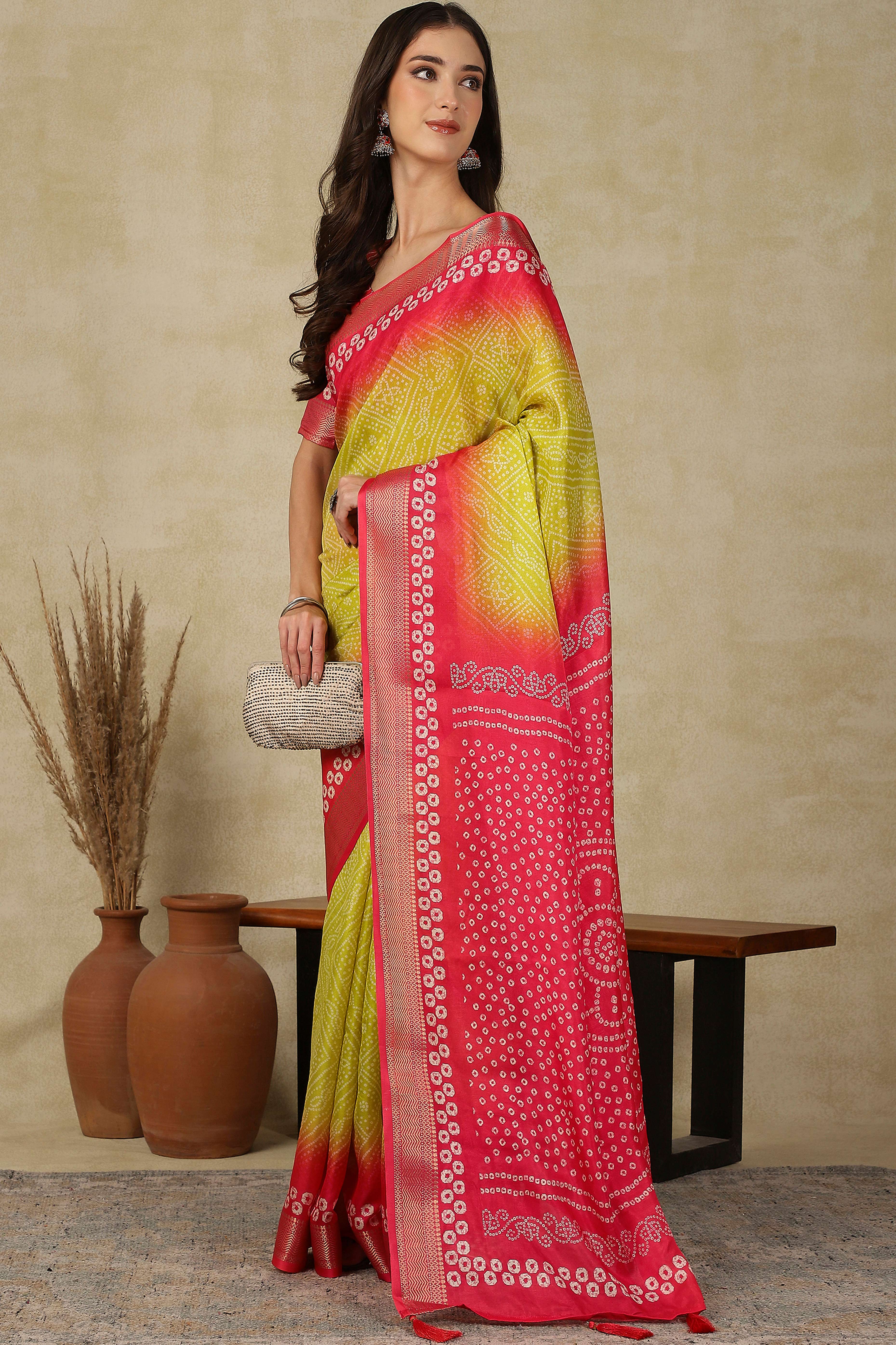 Luxury Lemon Yellow & Red Bandhani Print Cotton Silk Saree Featuring Weaving Border & Tassel Pallu