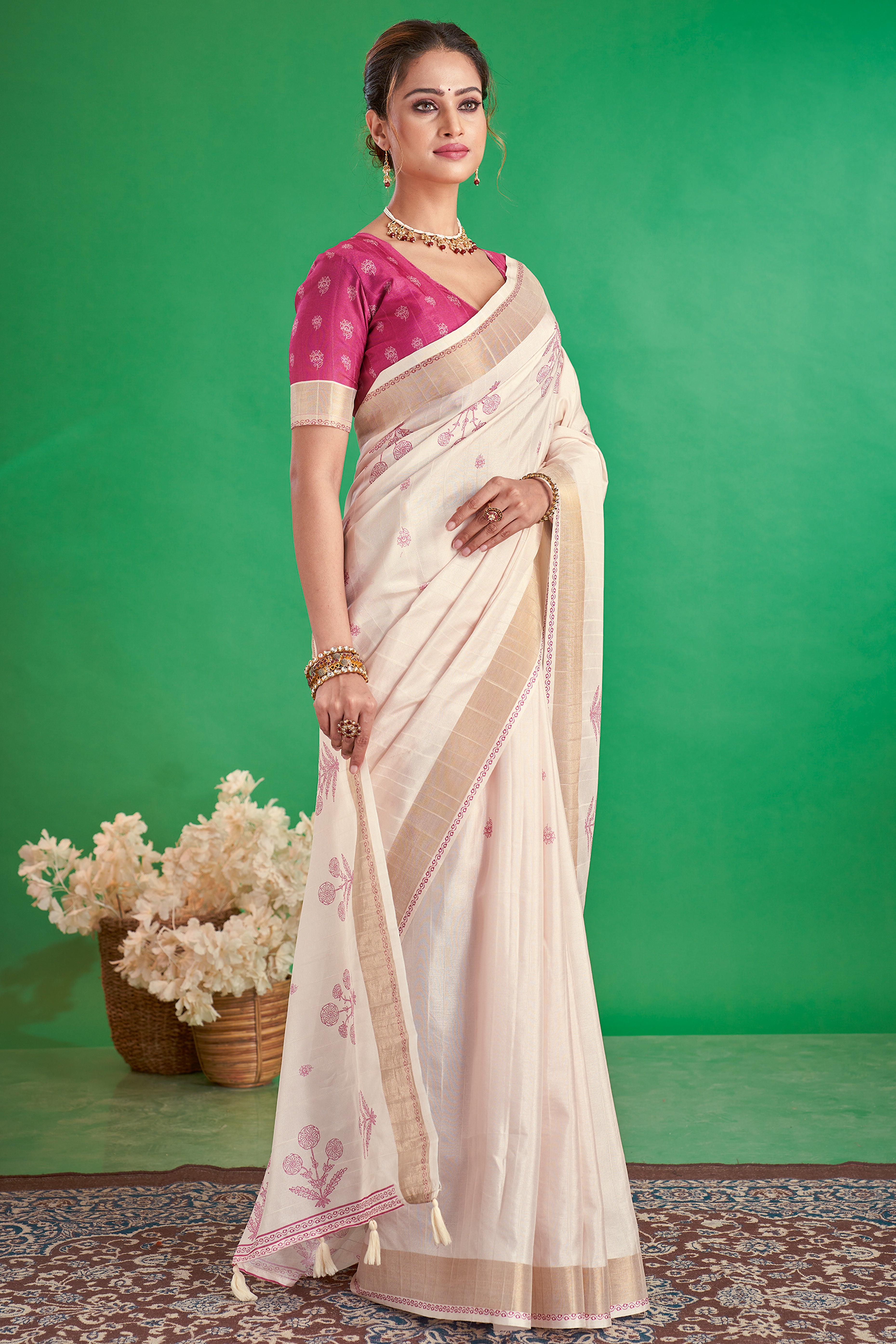 Charming Offwhite & Rani Floral Printed Kotha Cotton Silk Saree Adorned With Graceful Tassel Pallu