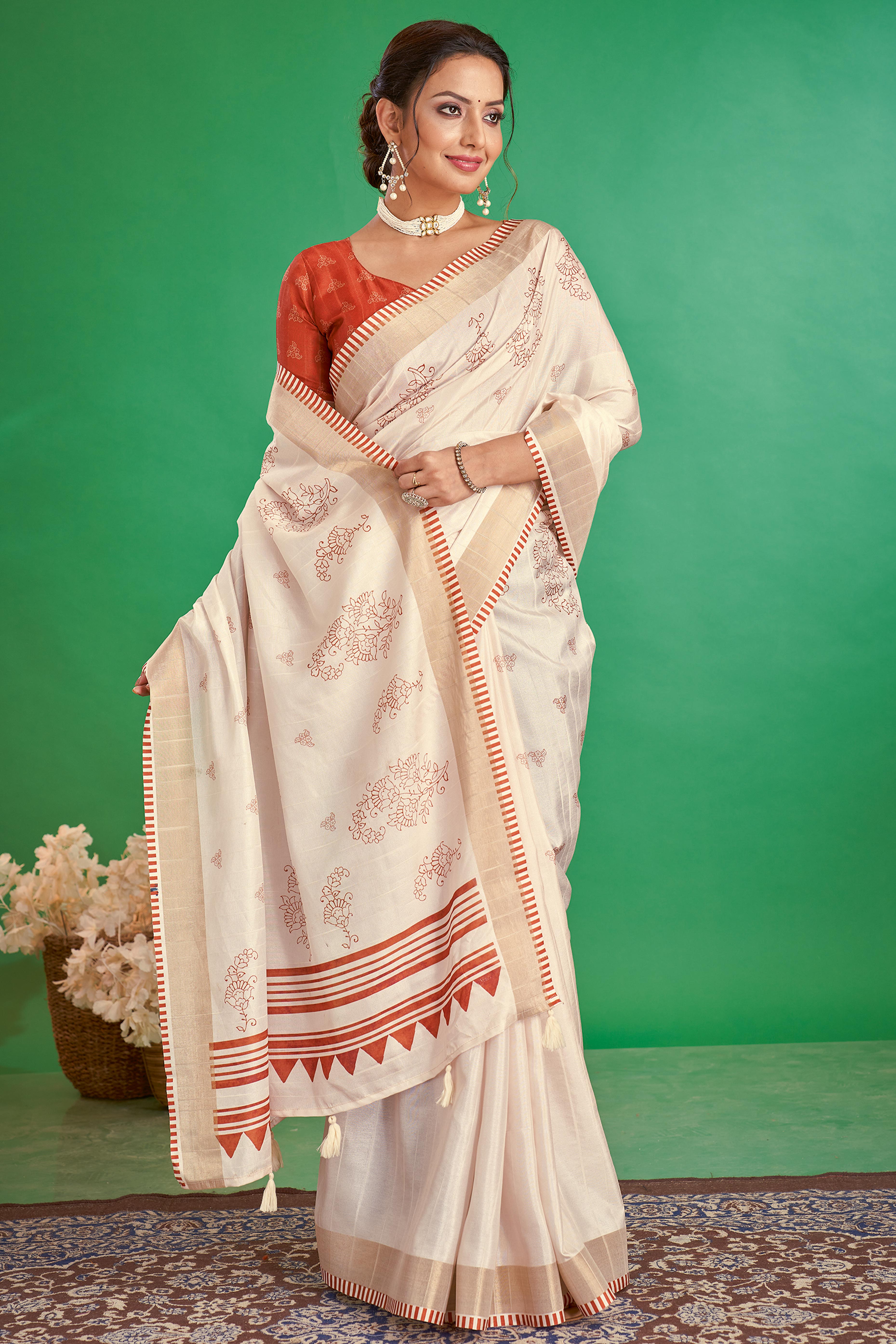 Charming Offwhite & Rust Floral Printed Kotha Cotton Silk Saree Adorned With Graceful Tassel Pallu