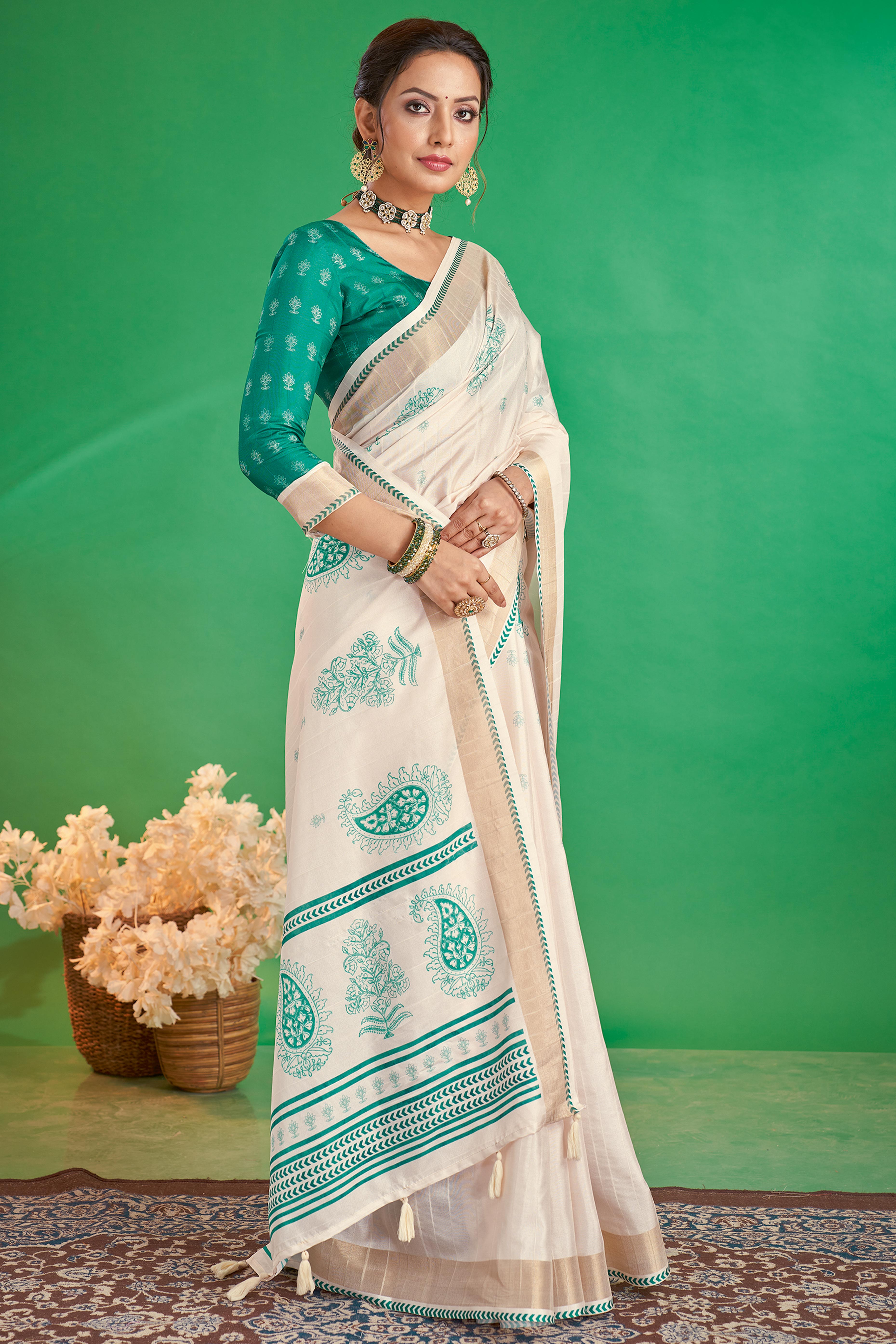 Charming Offwhite & Rama Floral Printed Kotha Cotton Silk Saree Adorned With Graceful Tassel Pallu