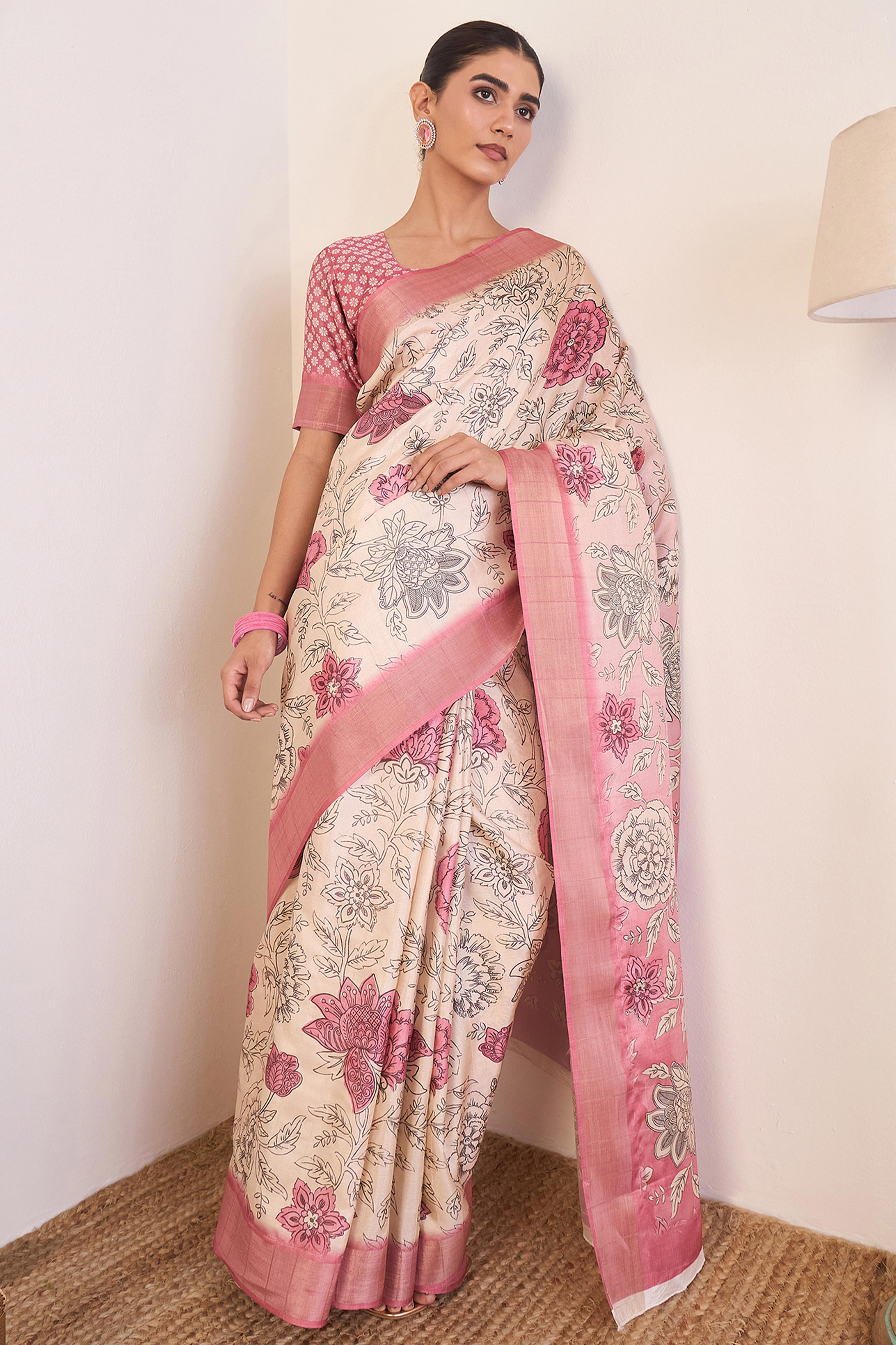 Elegant Pink Floral Printed Kotha Cotton Silk Saree Reflecting Subtle Sophistication