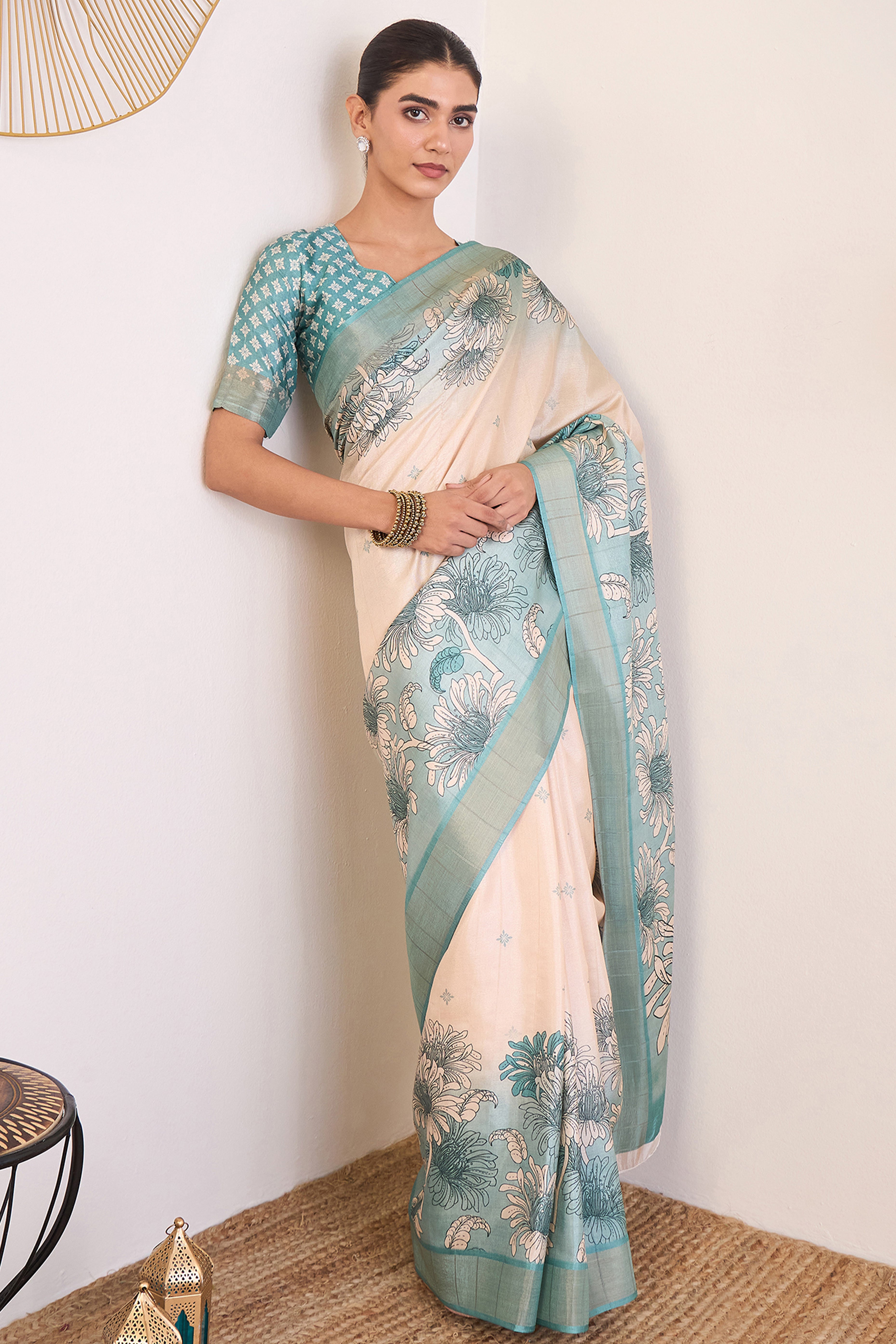 Elegant Light Blue Floral Printed Kotha Cotton Silk Saree Reflecting Subtle Sophistication