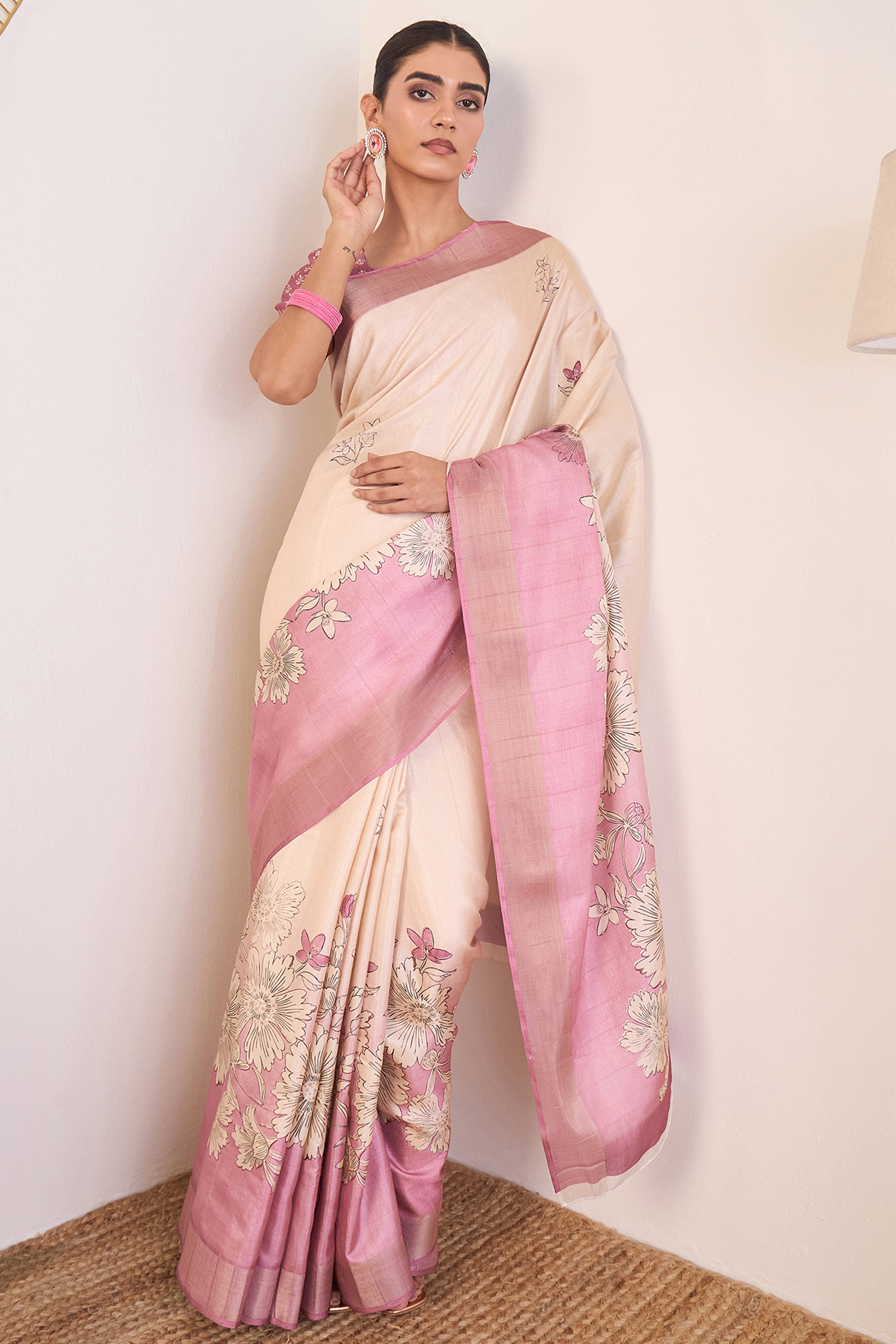 Elegant Light Pink Floral Printed Kotha Cotton Silk Saree Reflecting Subtle Sophistication