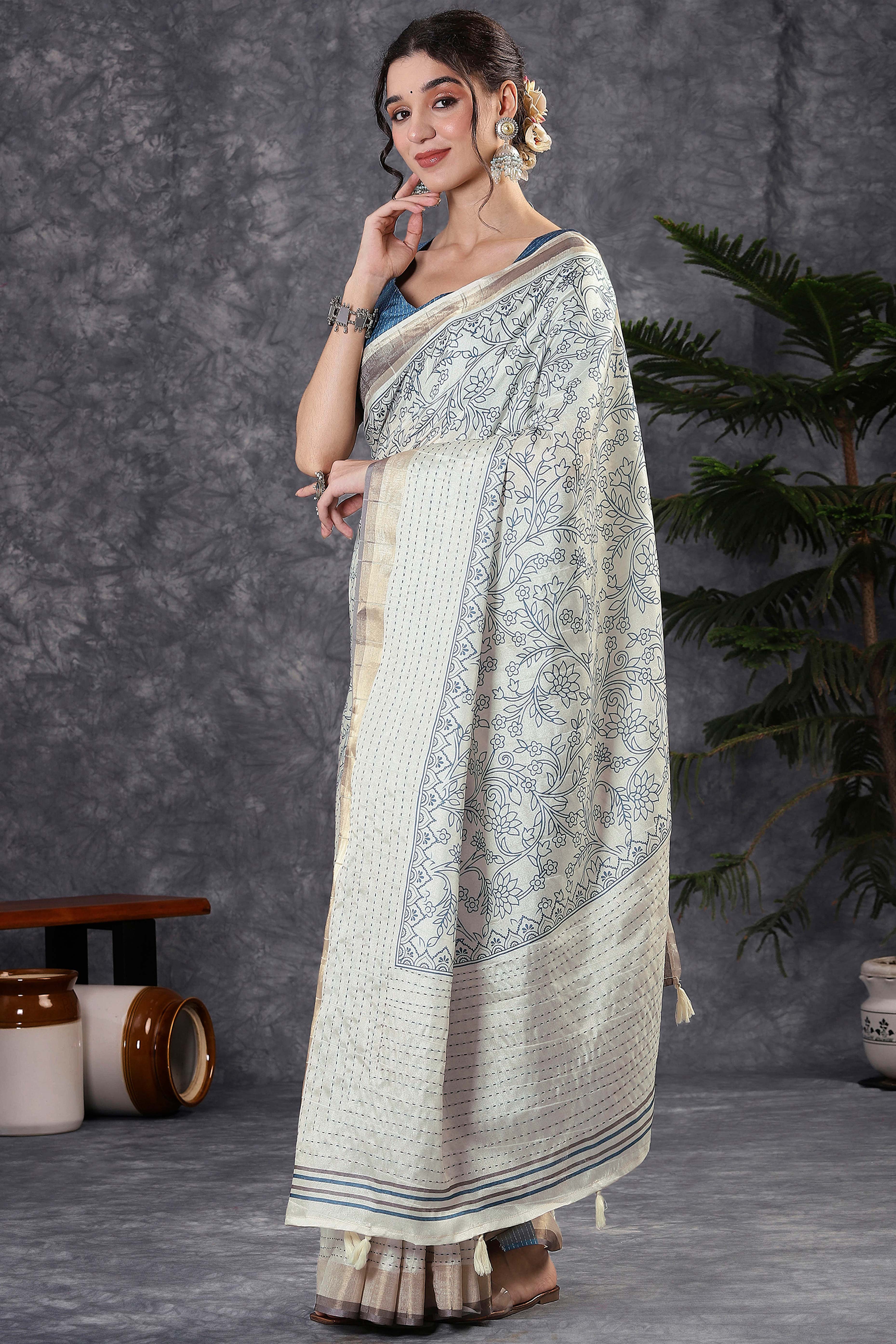 Offwhite & Blue Floral Printed Kotha Cotton Silk Saree With Beautifully Crafted Katha Embroidery