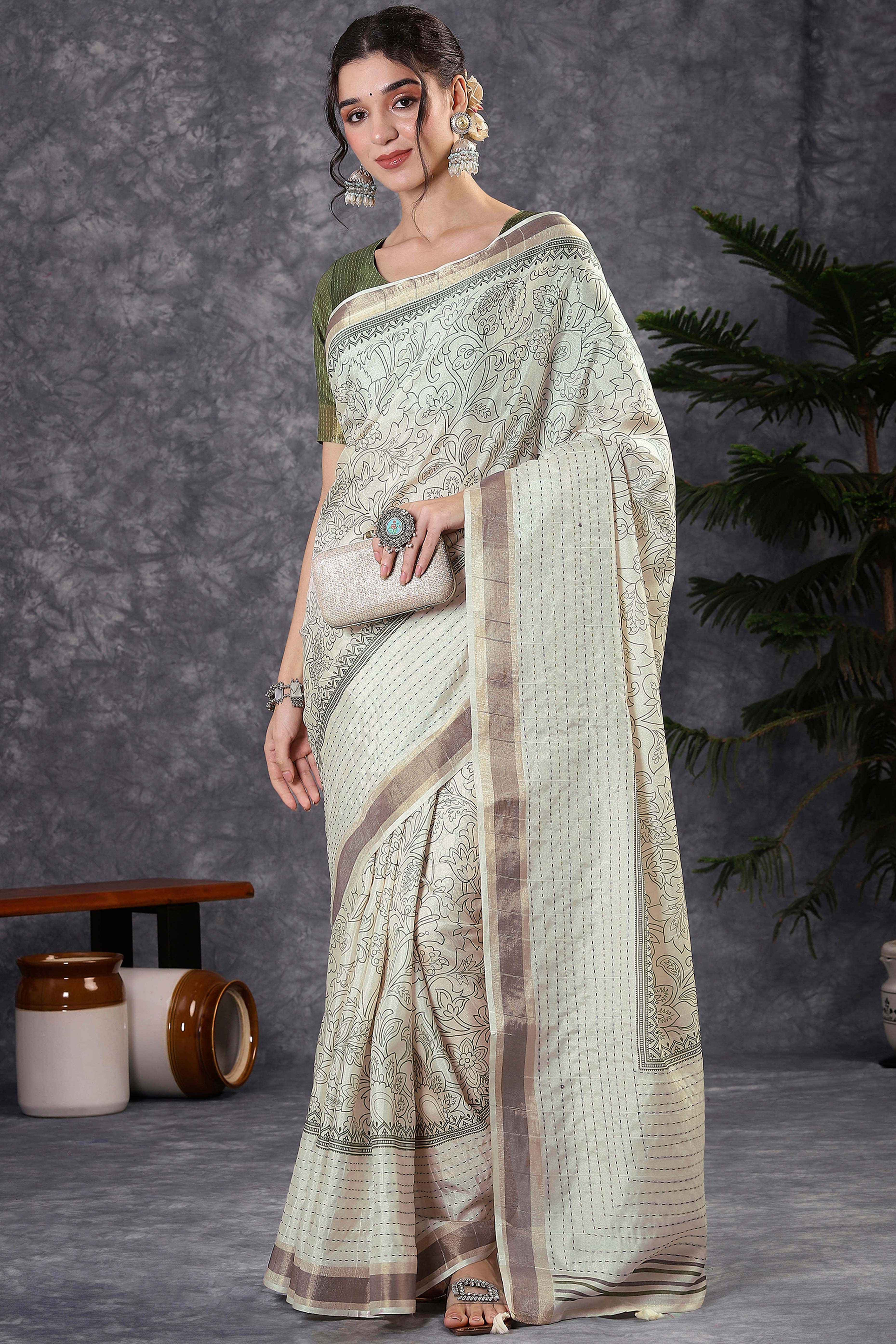 Offwhite & Mehendi Floral Printed Kotha Cotton Silk Saree With Beautifully Crafted Katha Embroidery
