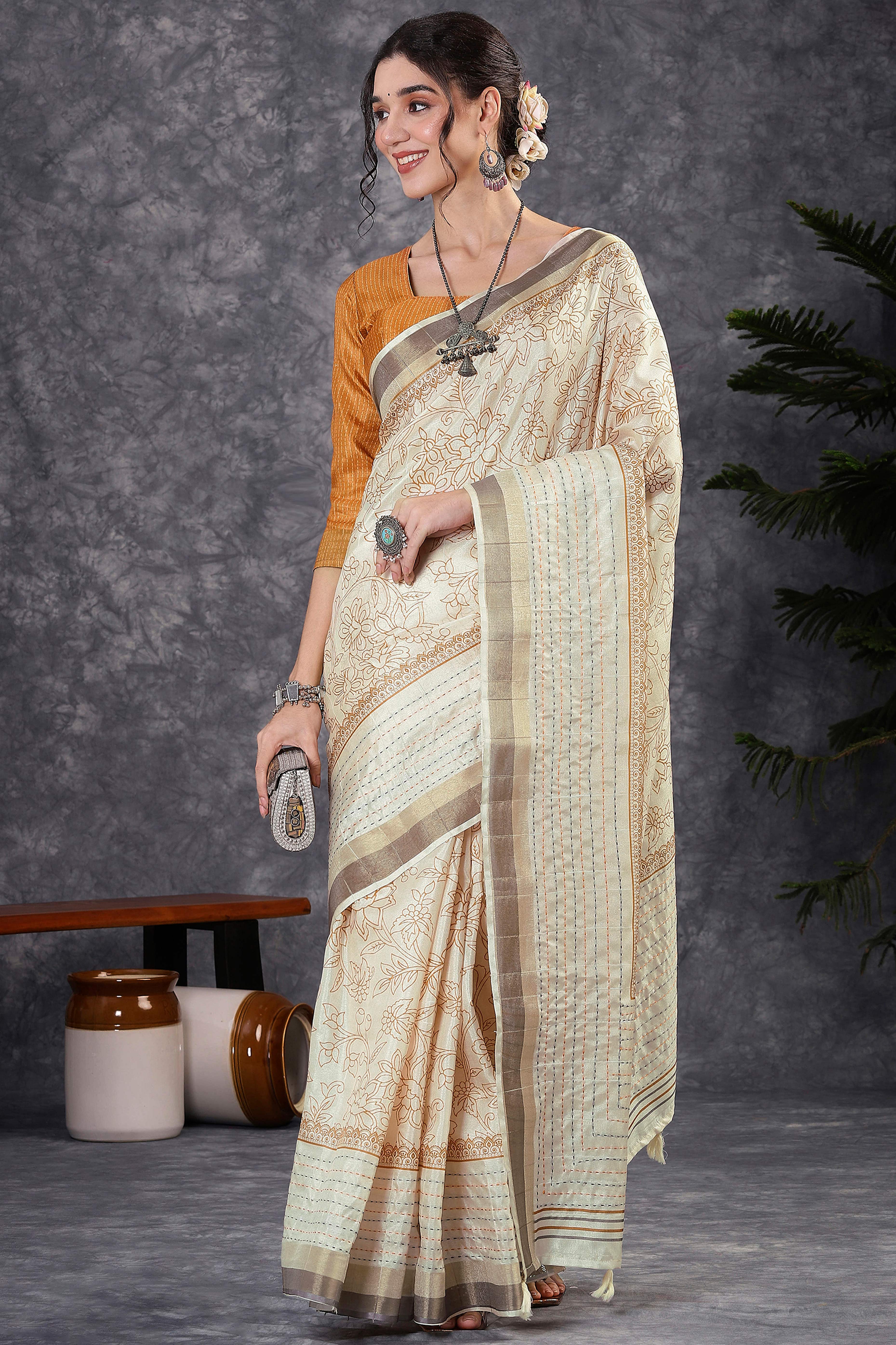 Offwhite & Orange Floral Printed Kotha Cotton Silk Saree With Beautifully Crafted Katha Embroidery