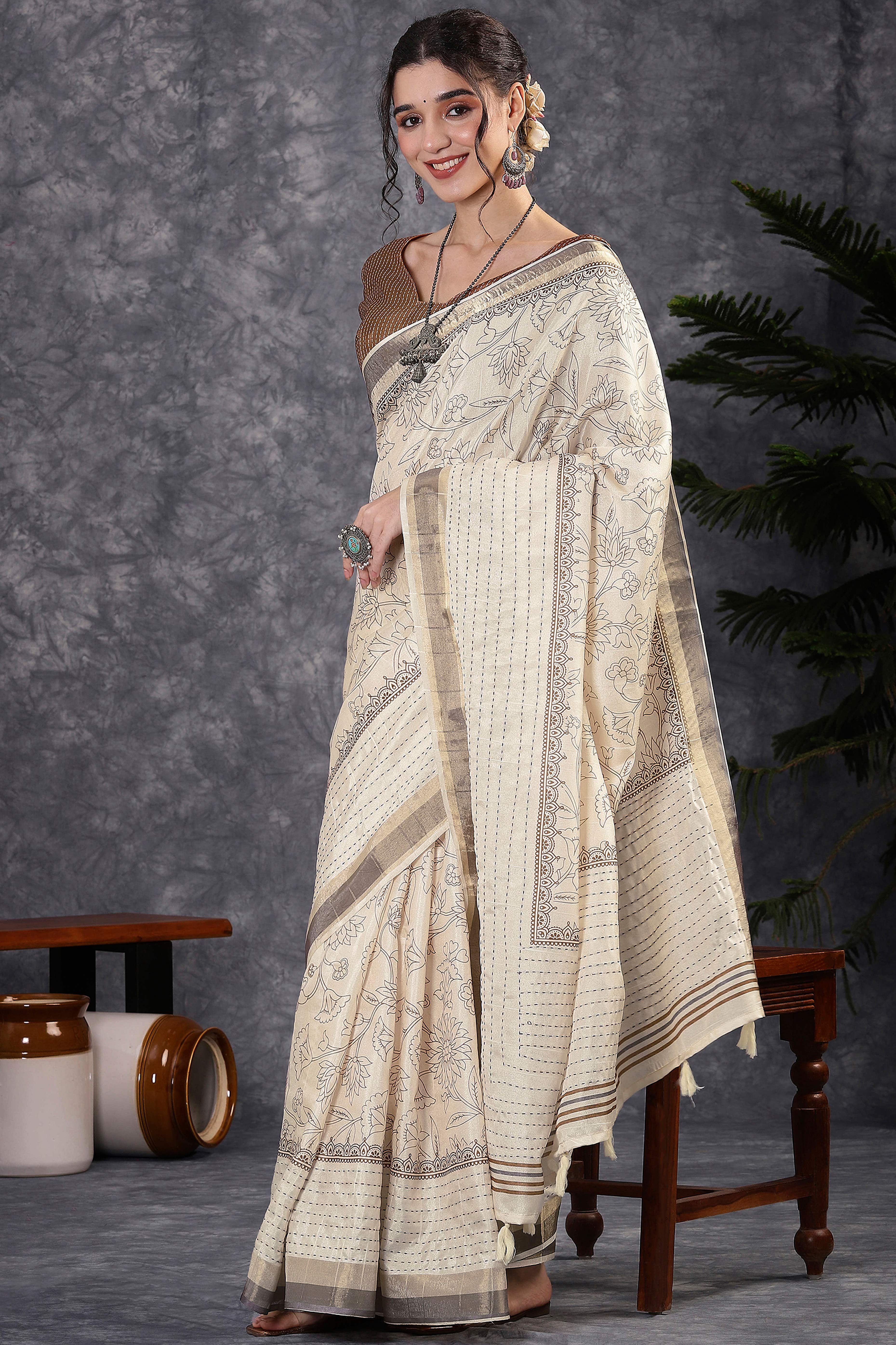 Offwhite & Brown Floral Printed Kotha Cotton Silk Saree With Beautifully Crafted Katha Embroidery