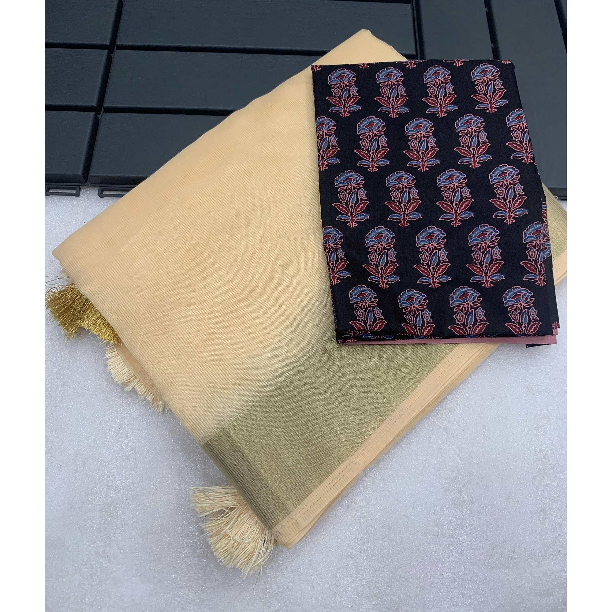 Beige Woven Solid Cotton Silk Saree With Tassels