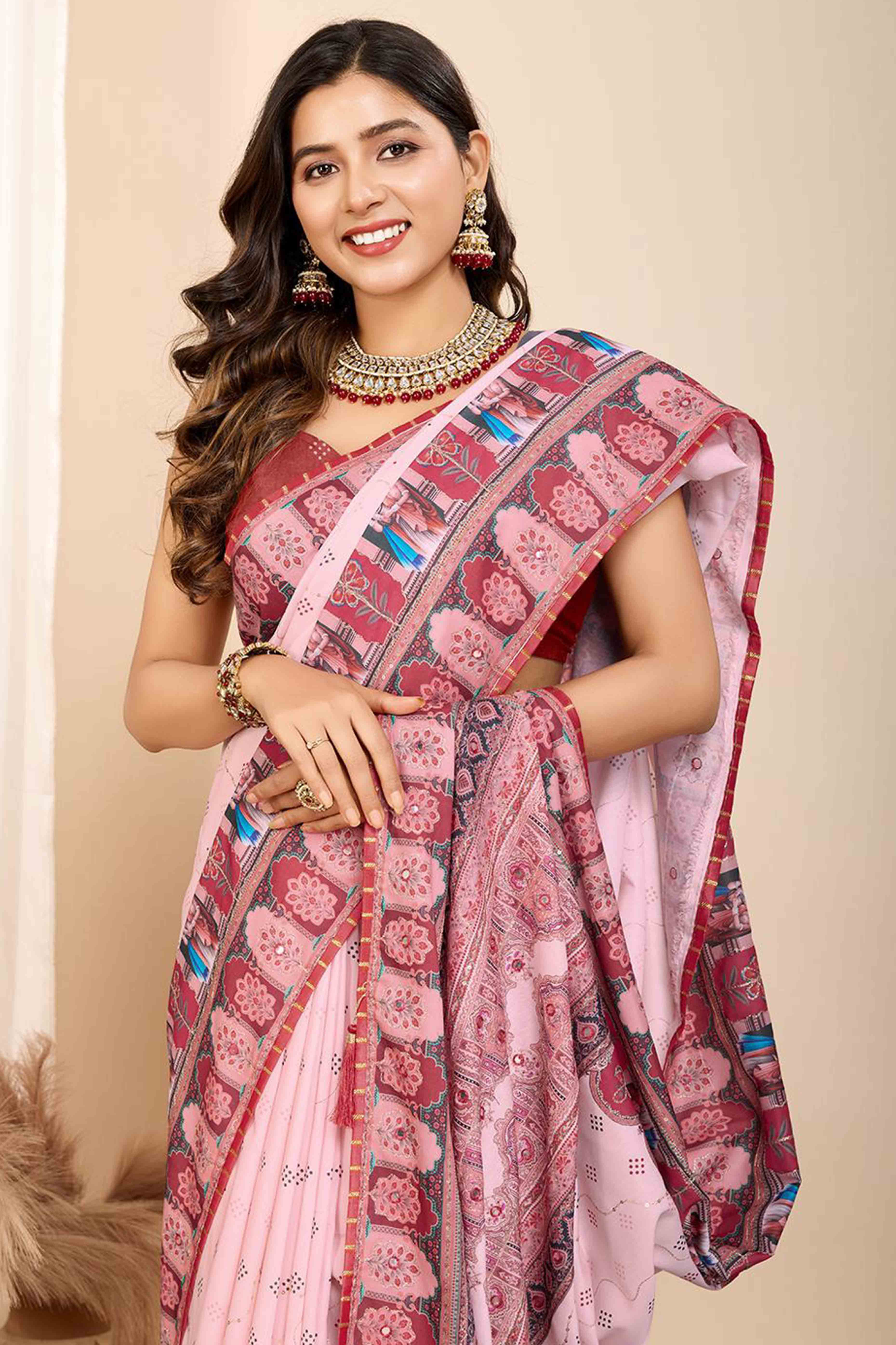Light Pink Digital Printed With Mirror Embroidery Work Muslin Saree