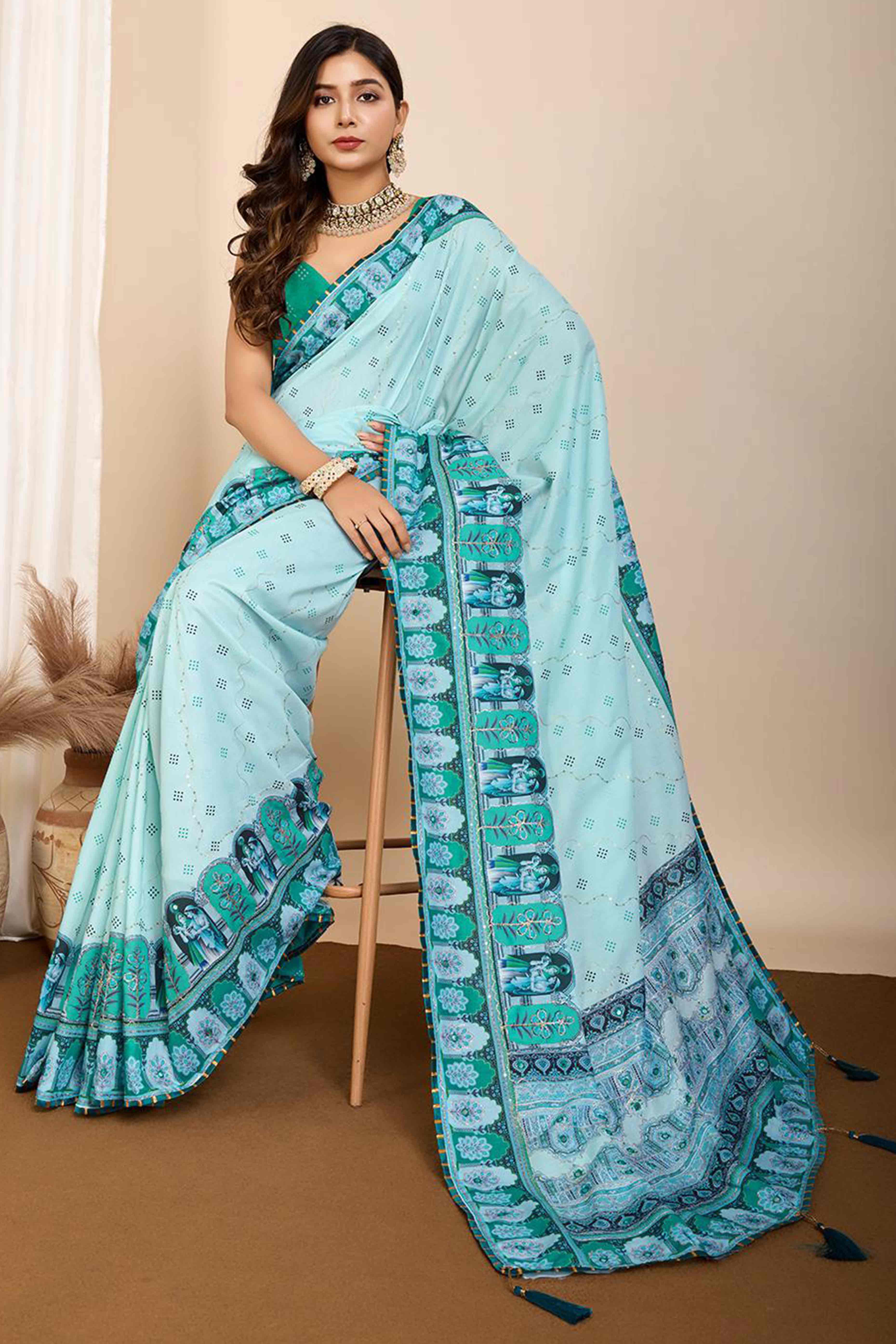 Light Blue Digital Printed With Mirror Embroidery Work Muslin Saree