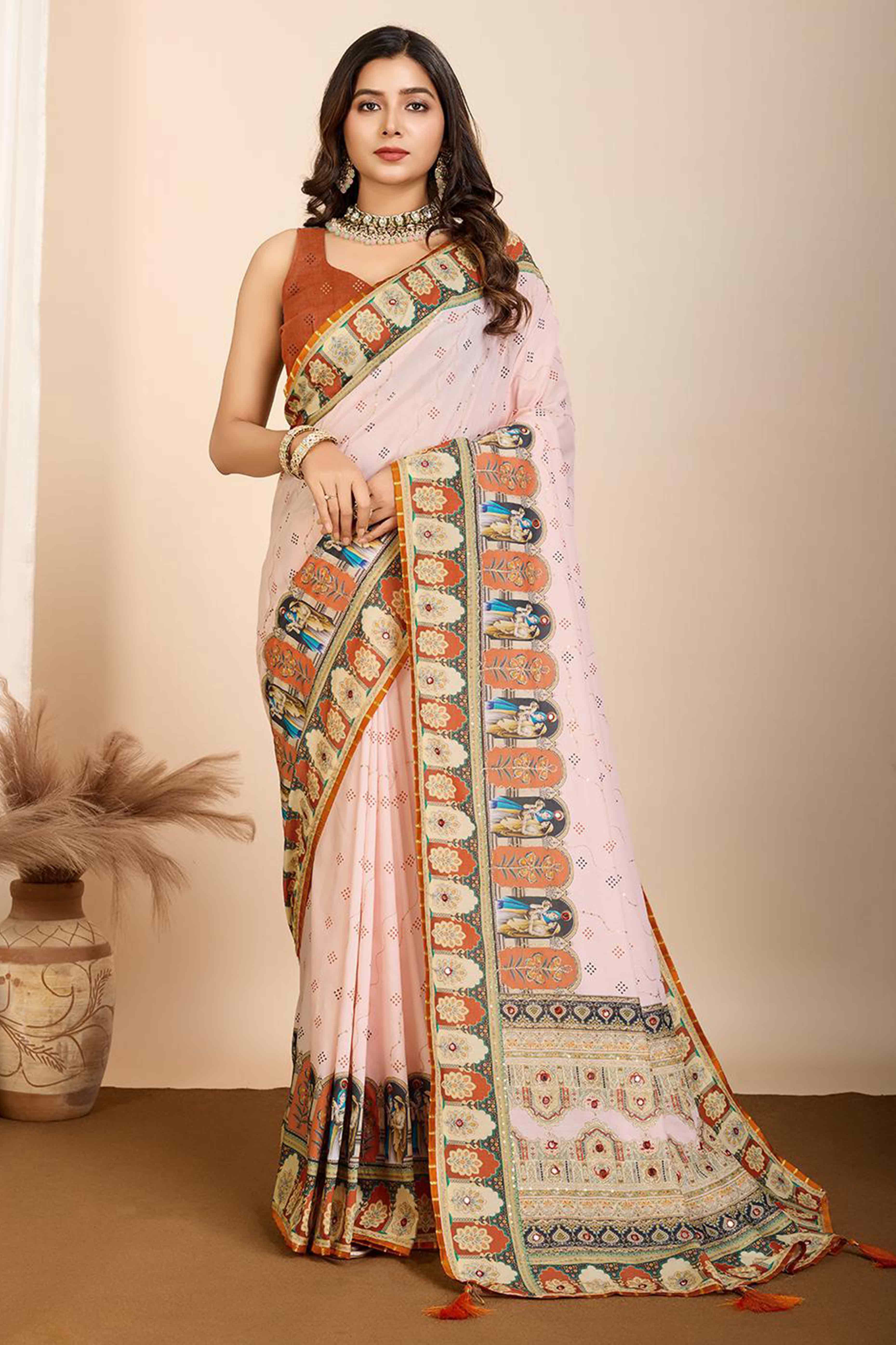 Light Peach Digital Printed With Mirror Embroidery Work Muslin Saree