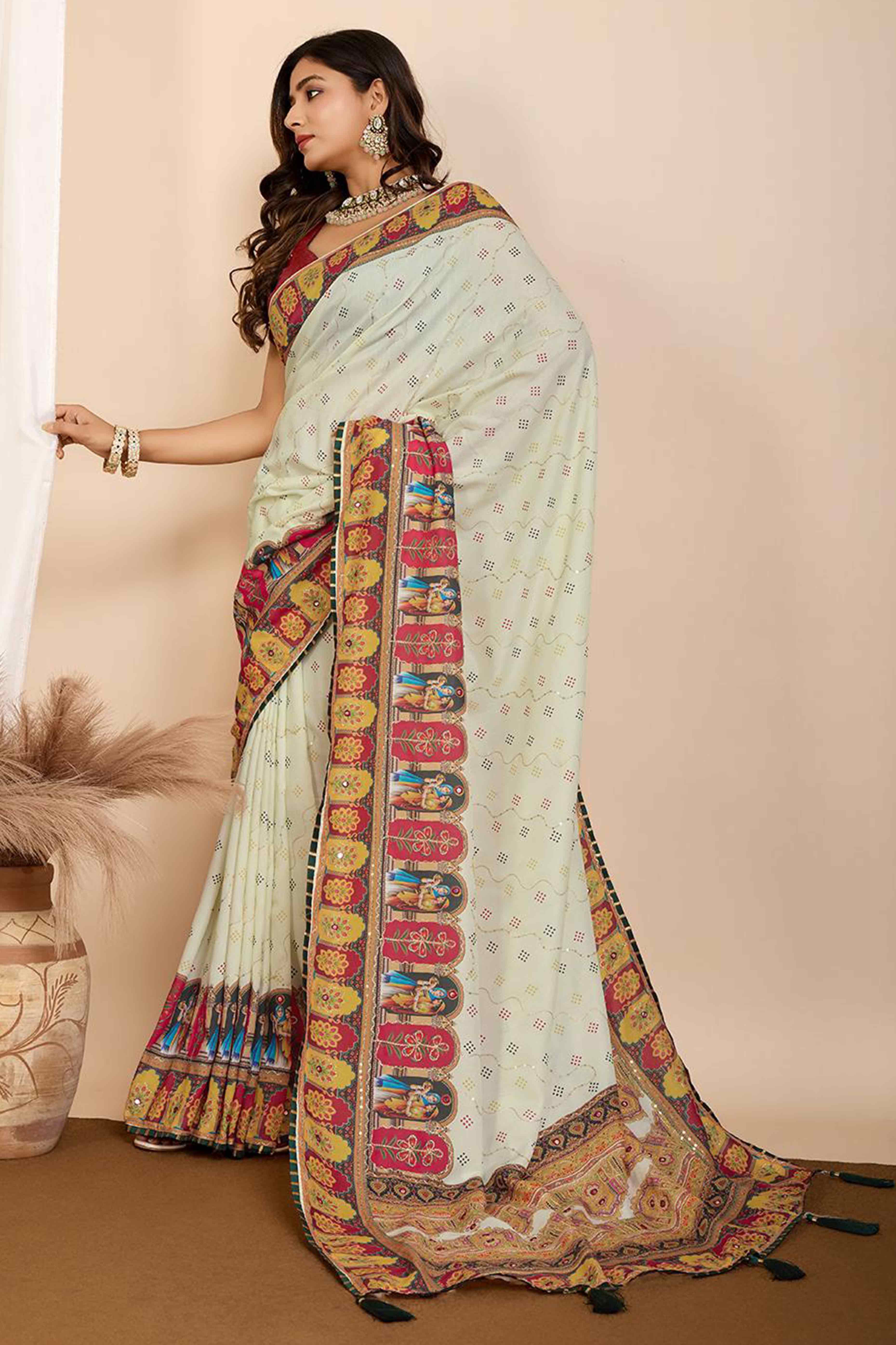 Light Pista Green Digital Printed With Mirror Embroidery Work Muslin Saree