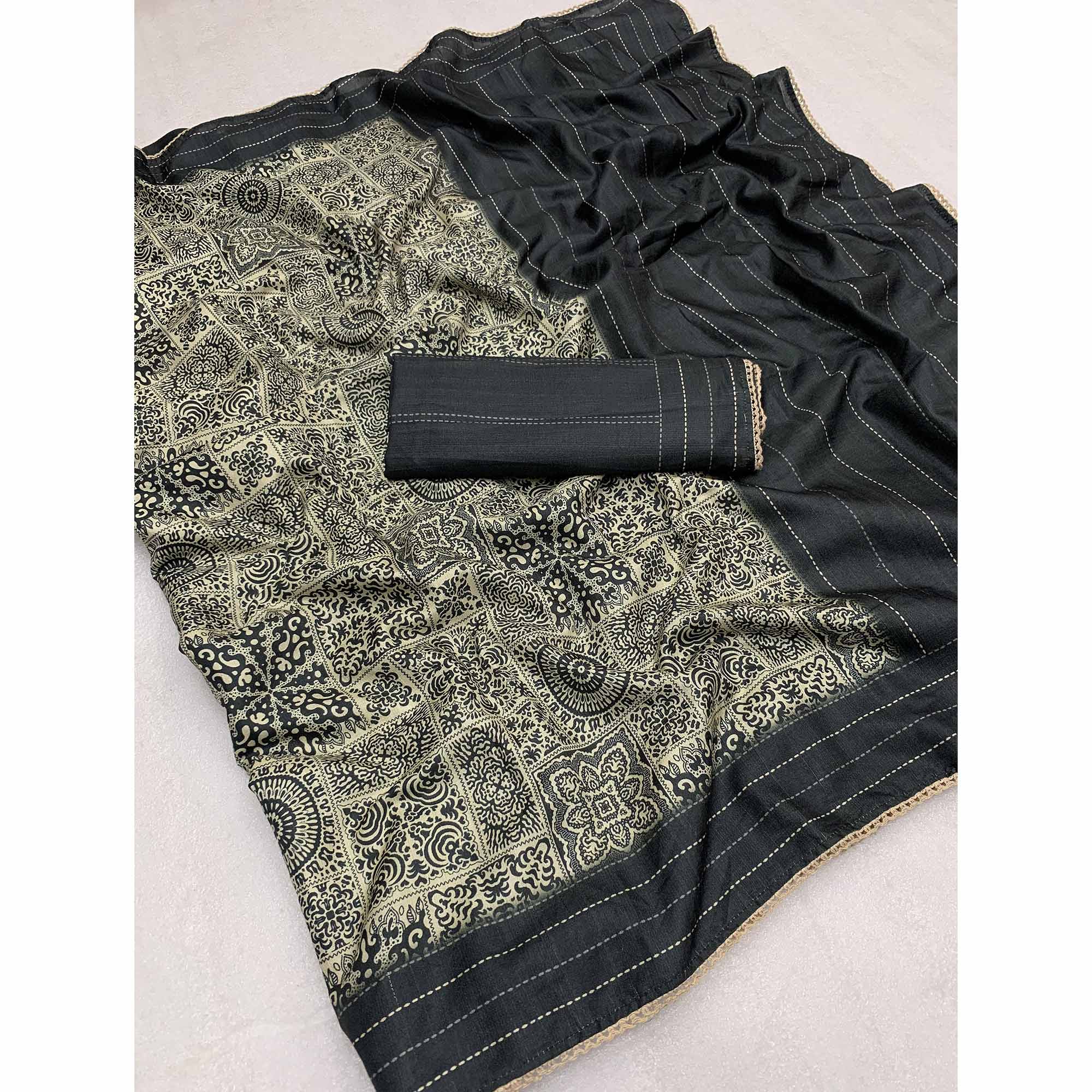 Black Ajrakh Printed Tussar Silk Saree