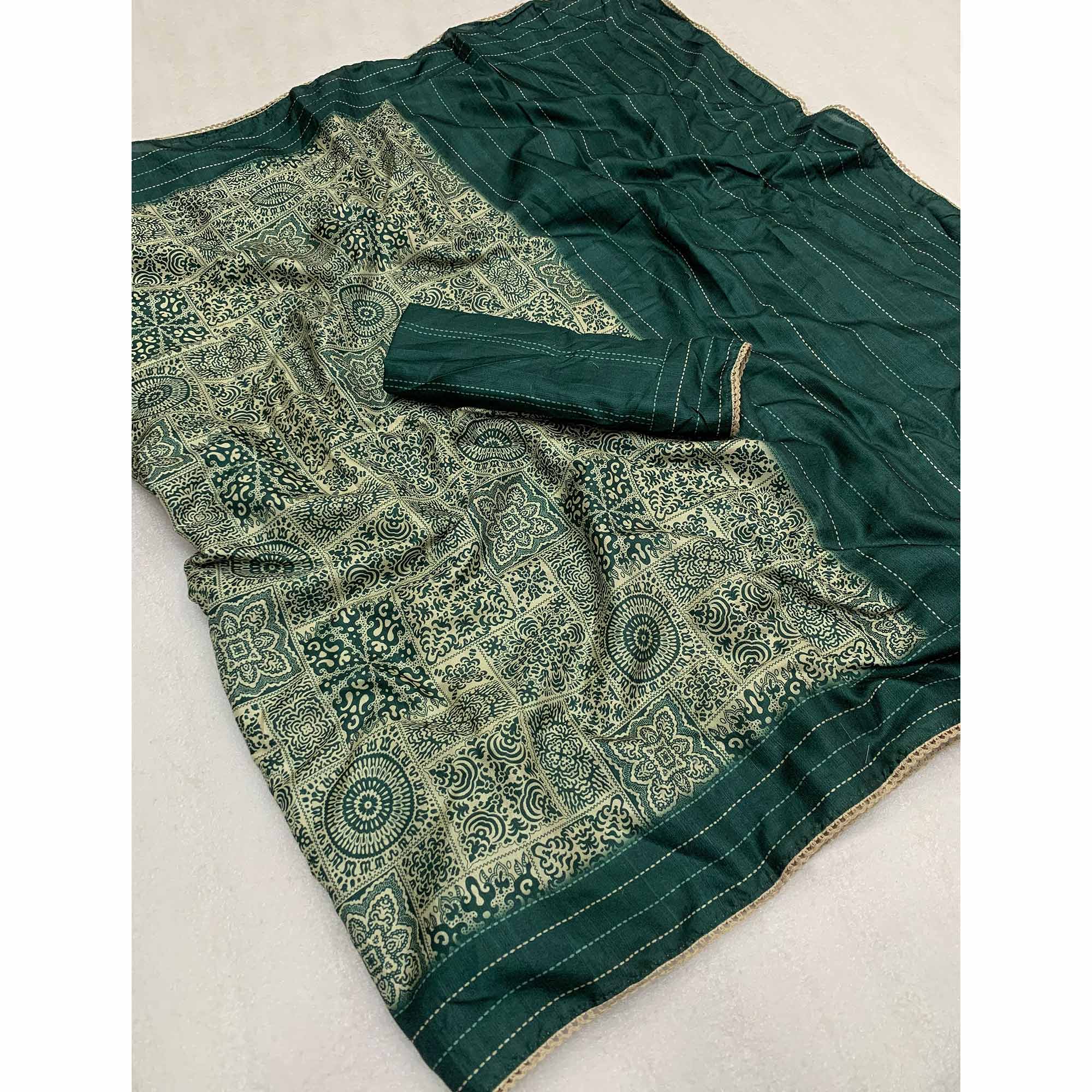 Green Ajrakh Printed Tussar Silk Saree