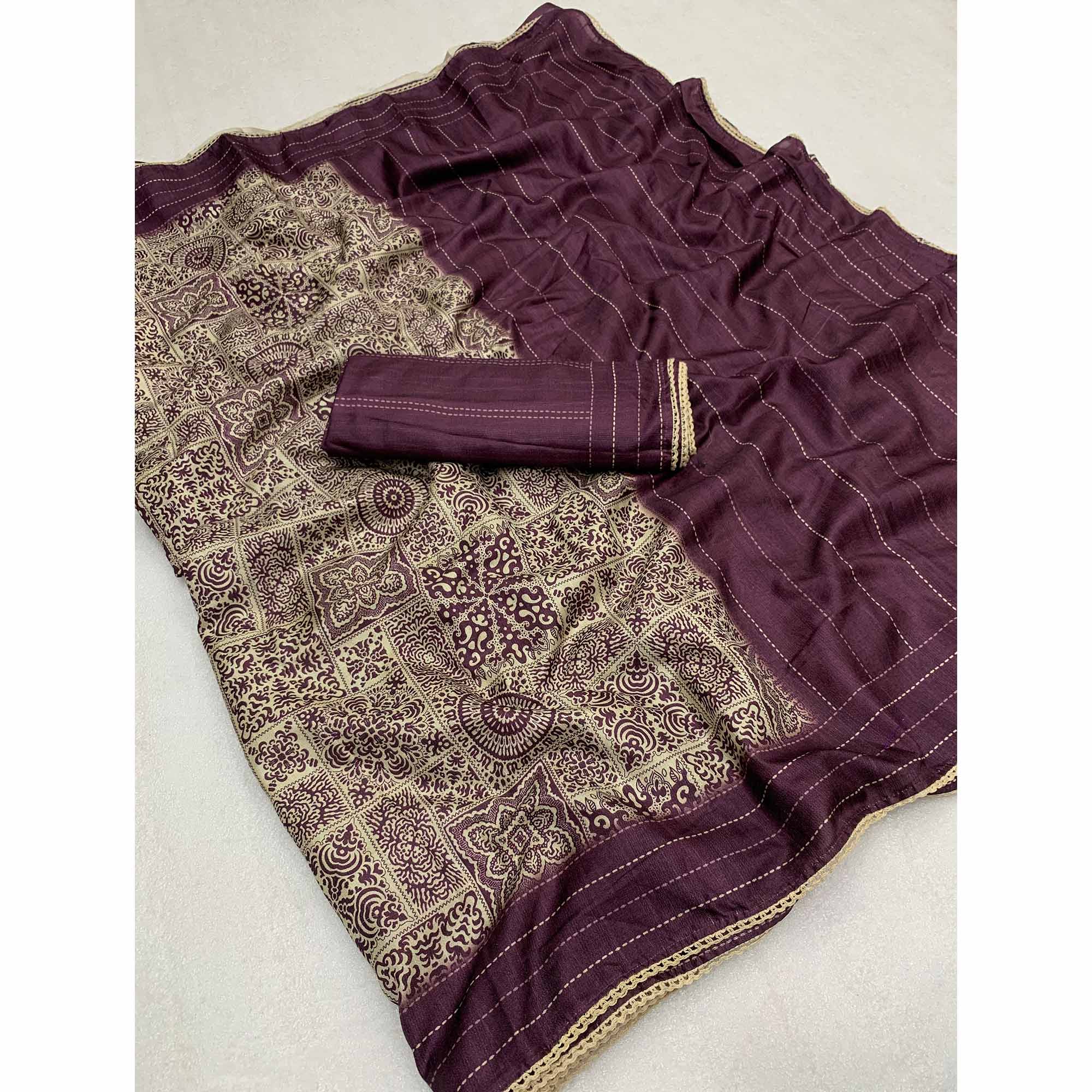 Wine Ajrakh Printed Tussar Silk Saree