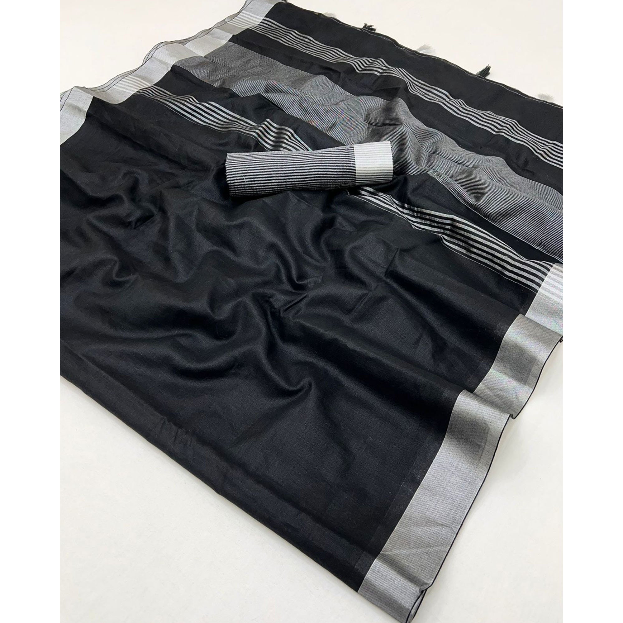 Black Solid Pure Linen Saree With Zari Woven Border