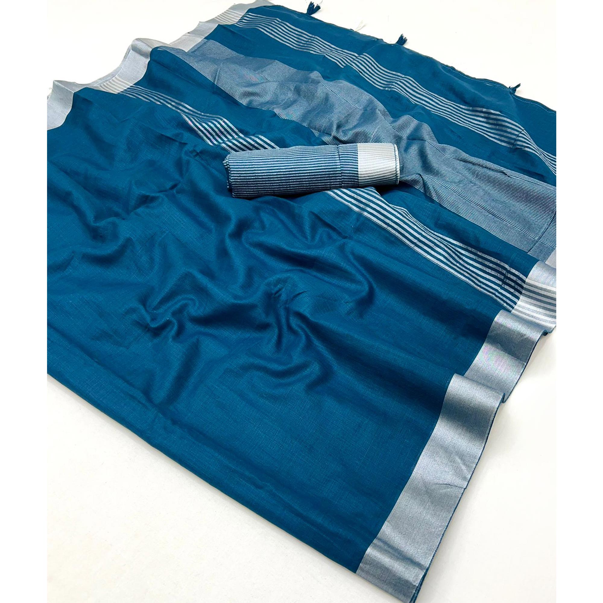 Blue Solid Pure Linen Saree With Zari Woven Border