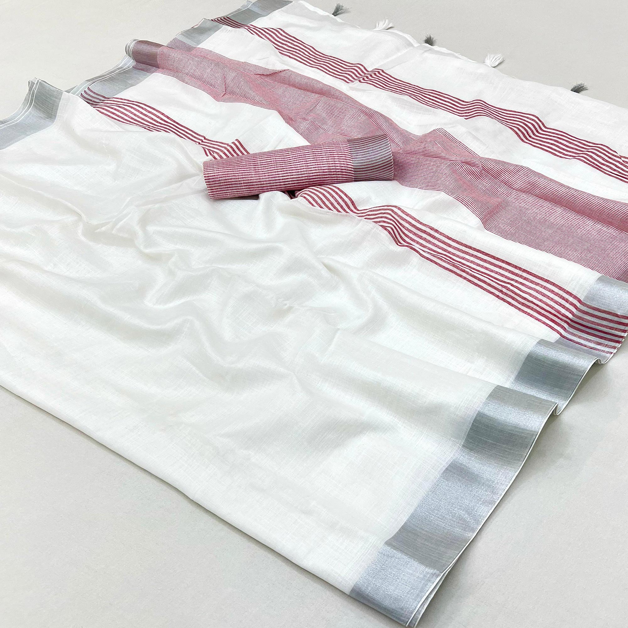 White & Wine Zari Woven Linen Saree With Tassels