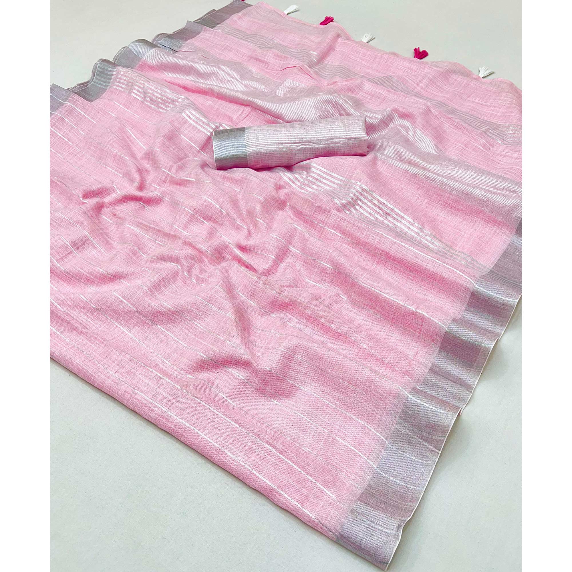 Pink Zari Woven Linen Saree With Tassels
