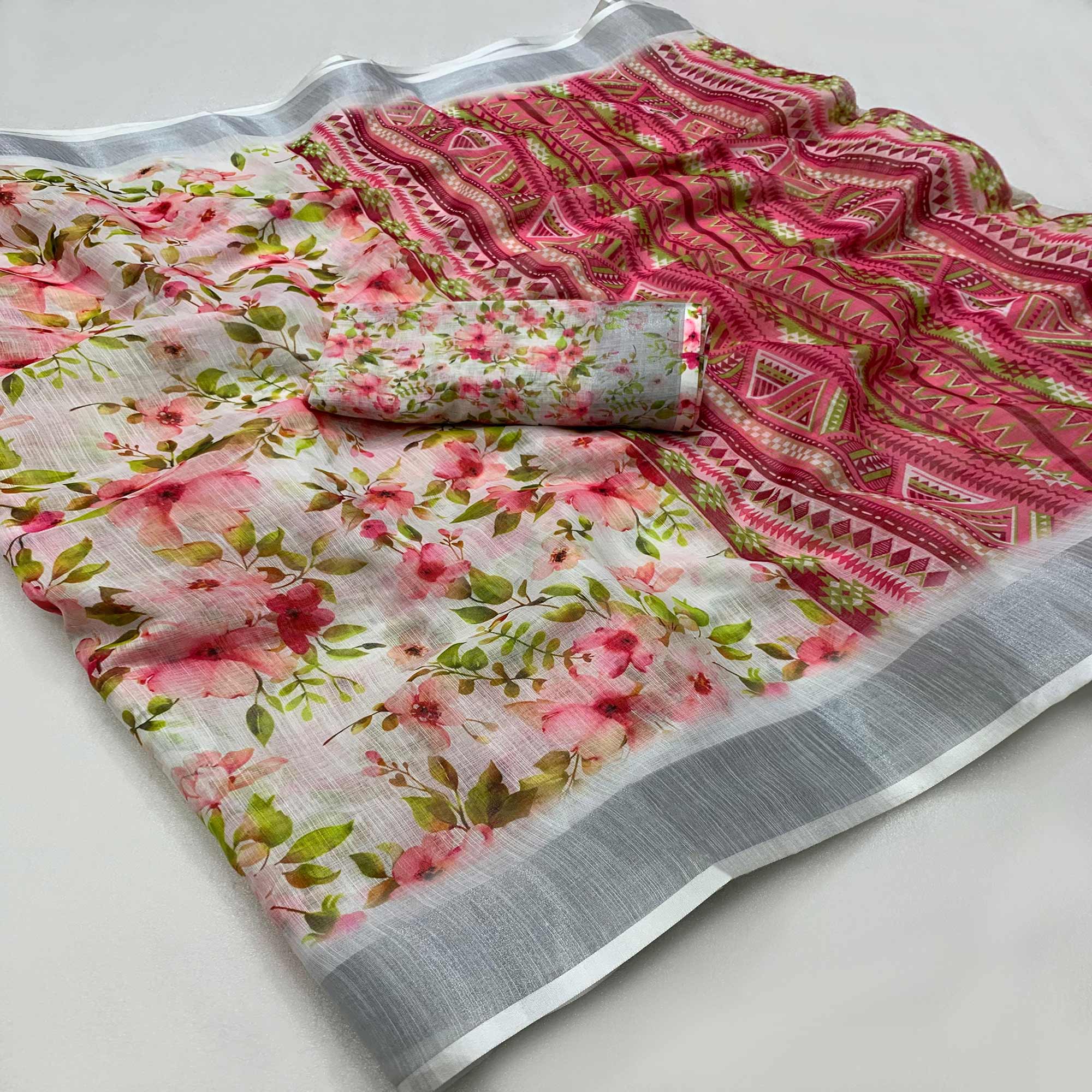 White & Pink Printed Soft Linen Saree