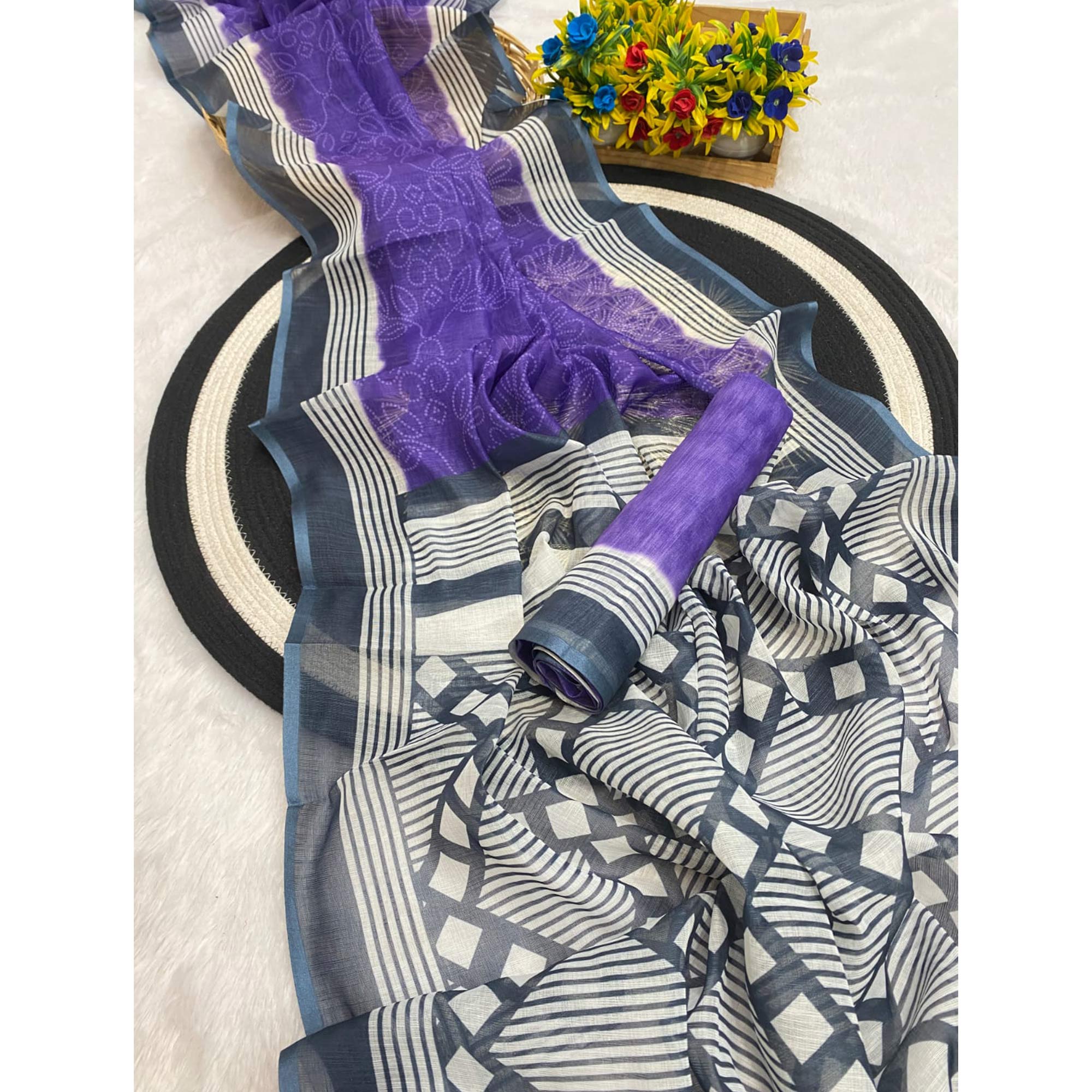 Purple Pure Linen Saree with Authentic Bandhani Print