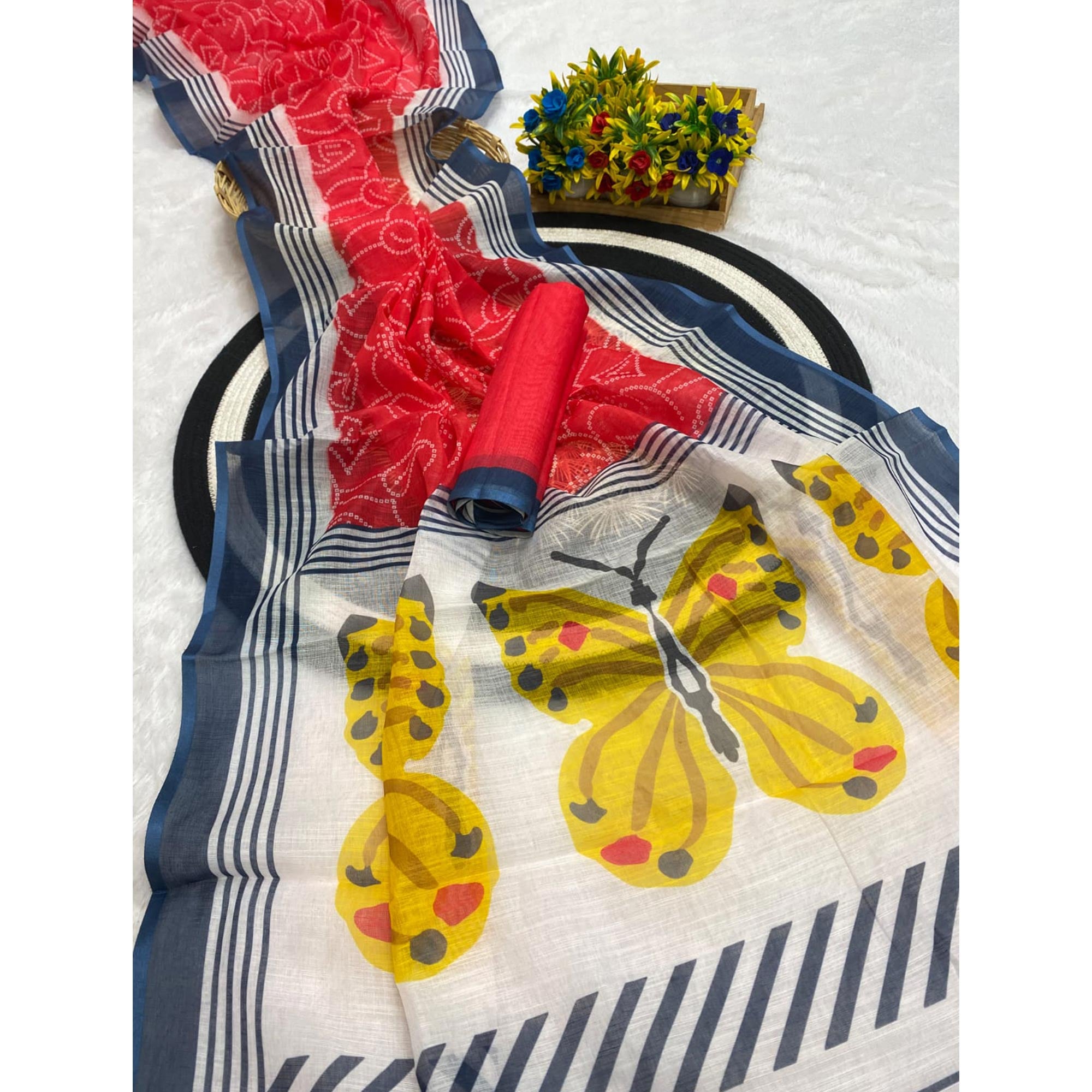 Red Pure Linen Saree with Authentic Bandhani Print