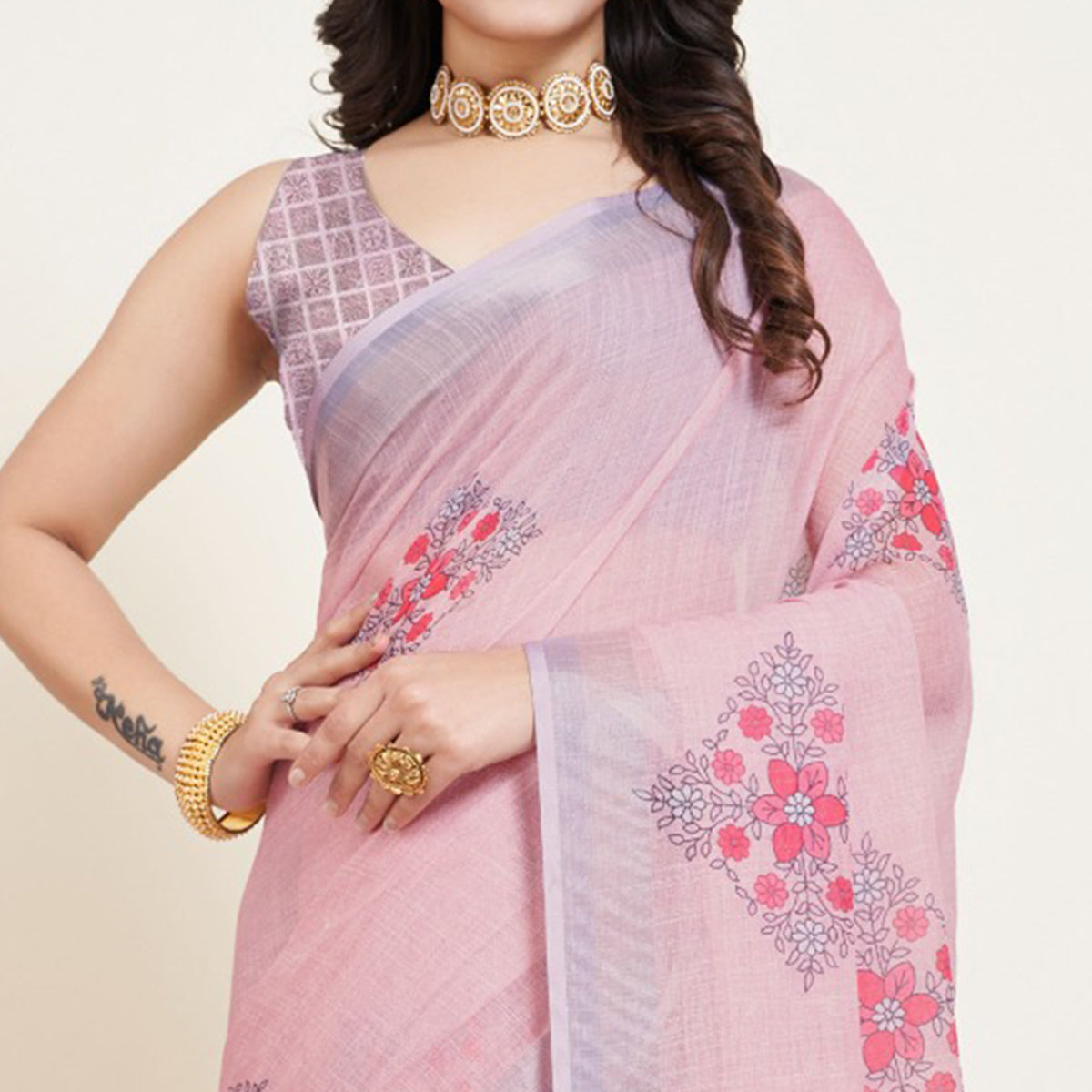 Light Peach Floral Printed Linen Saree