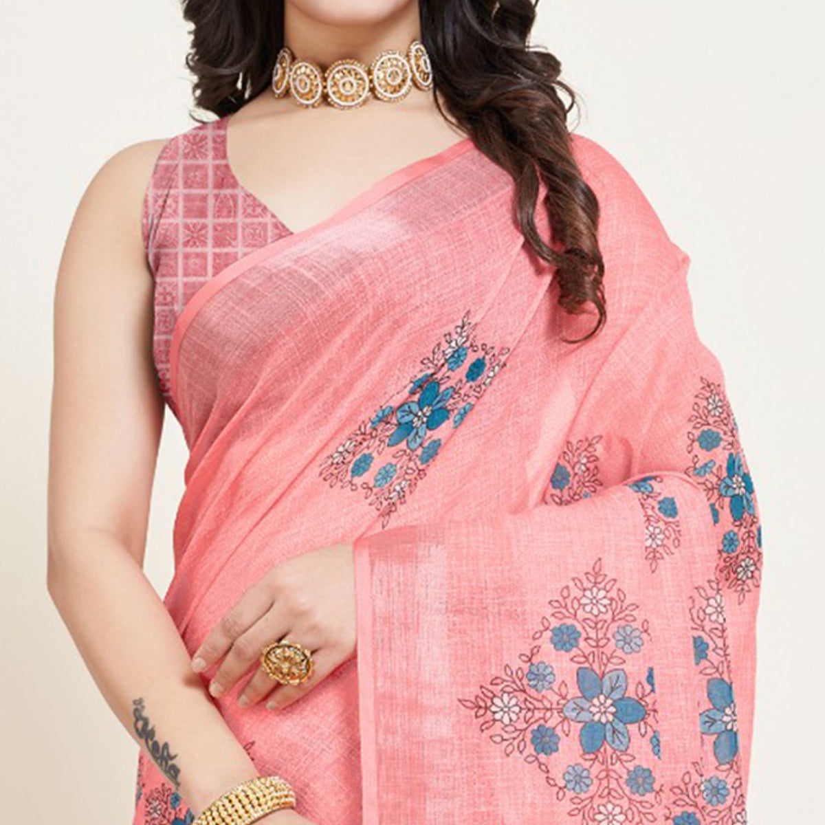Peach Floral Printed Linen Saree