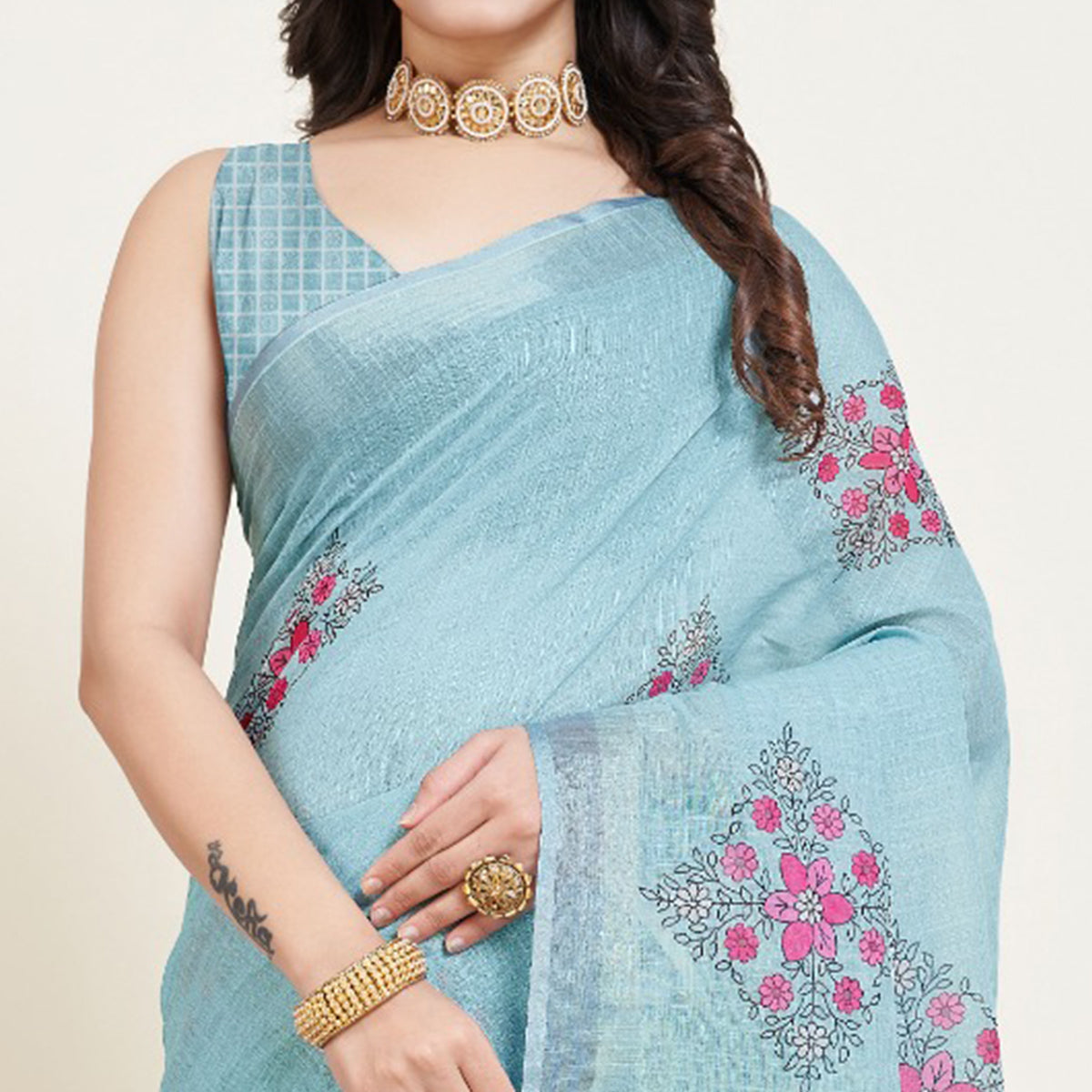 Sky Blue Floral Printed Linen Saree