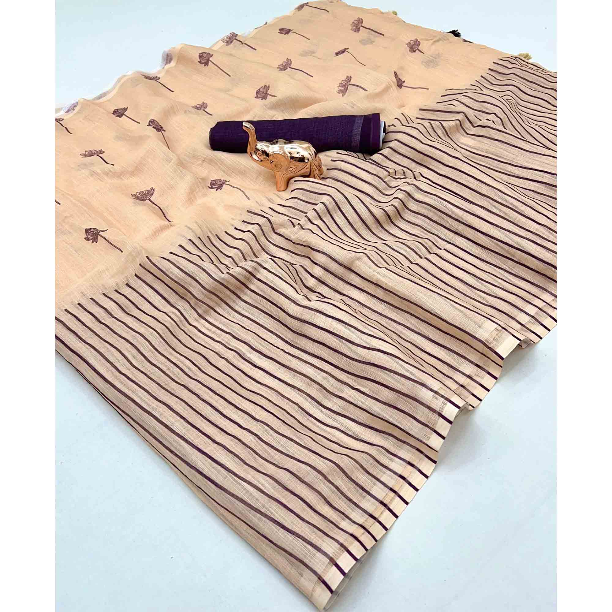 Beige Floral Print Saree in Breathable Pure Linen Fabric