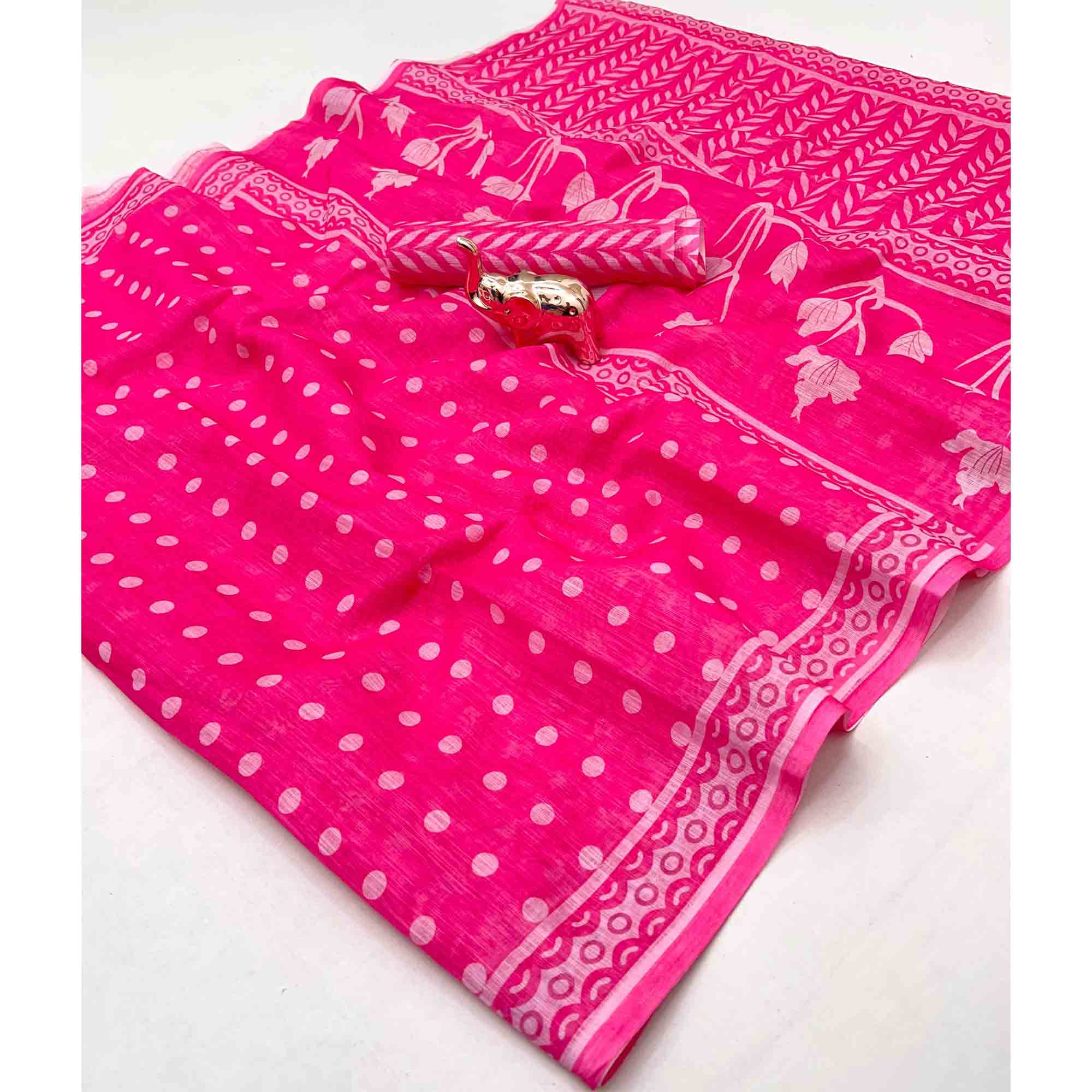 Pink Floral Print Saree in Breathable Pure Linen Fabric