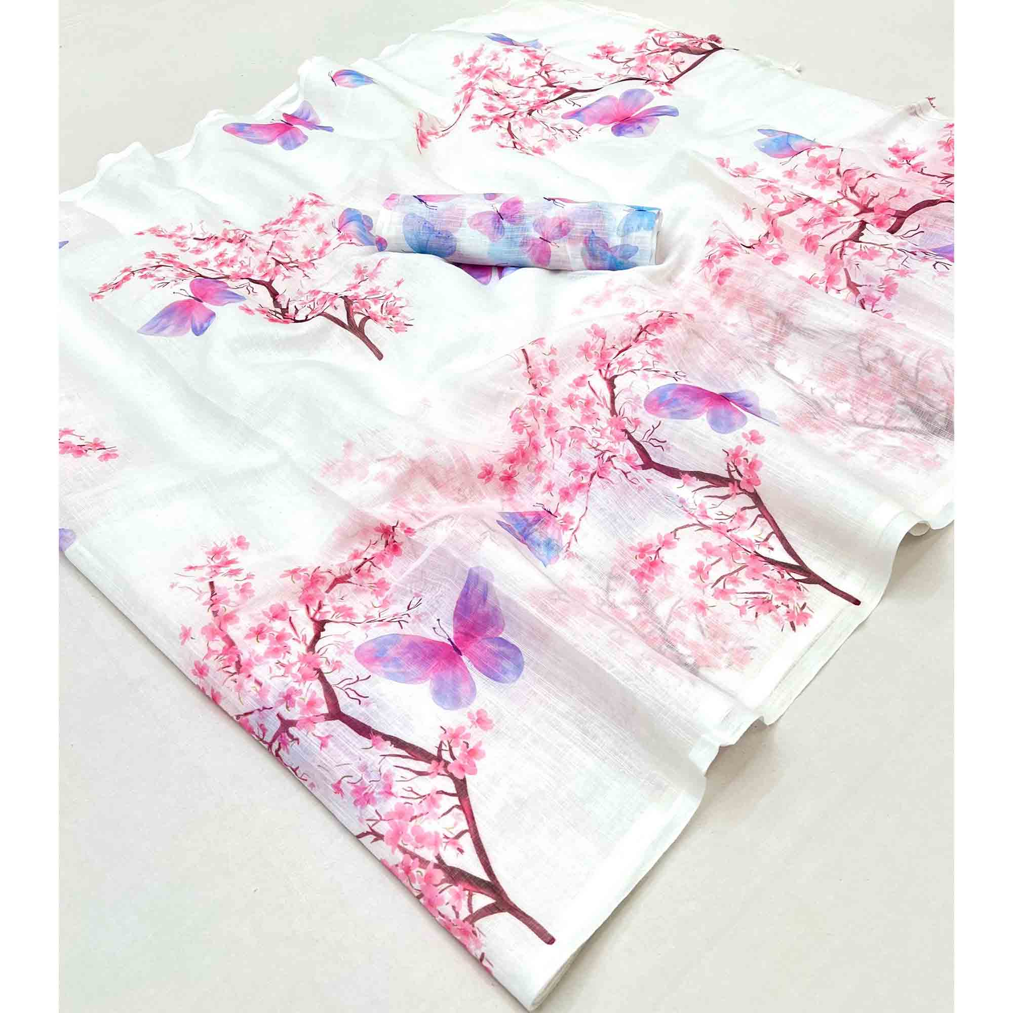 White Floral Print Saree in Breathable Pure Linen Fabric