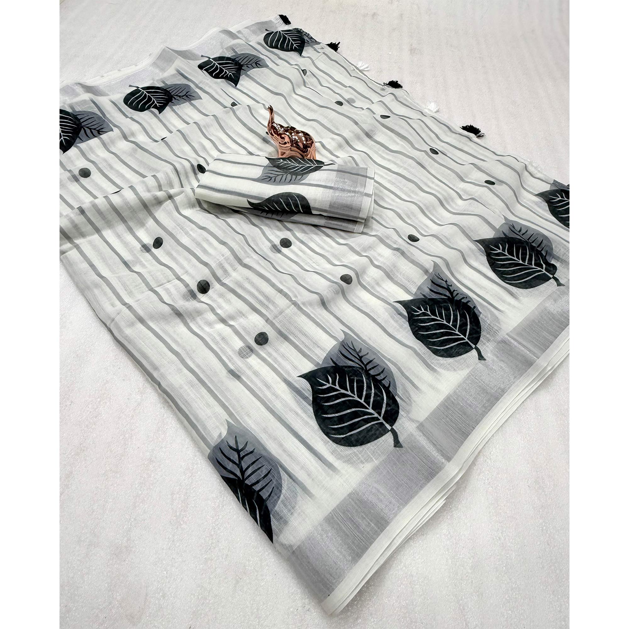 White Soft Linen Saree with Artistic Print Detailing