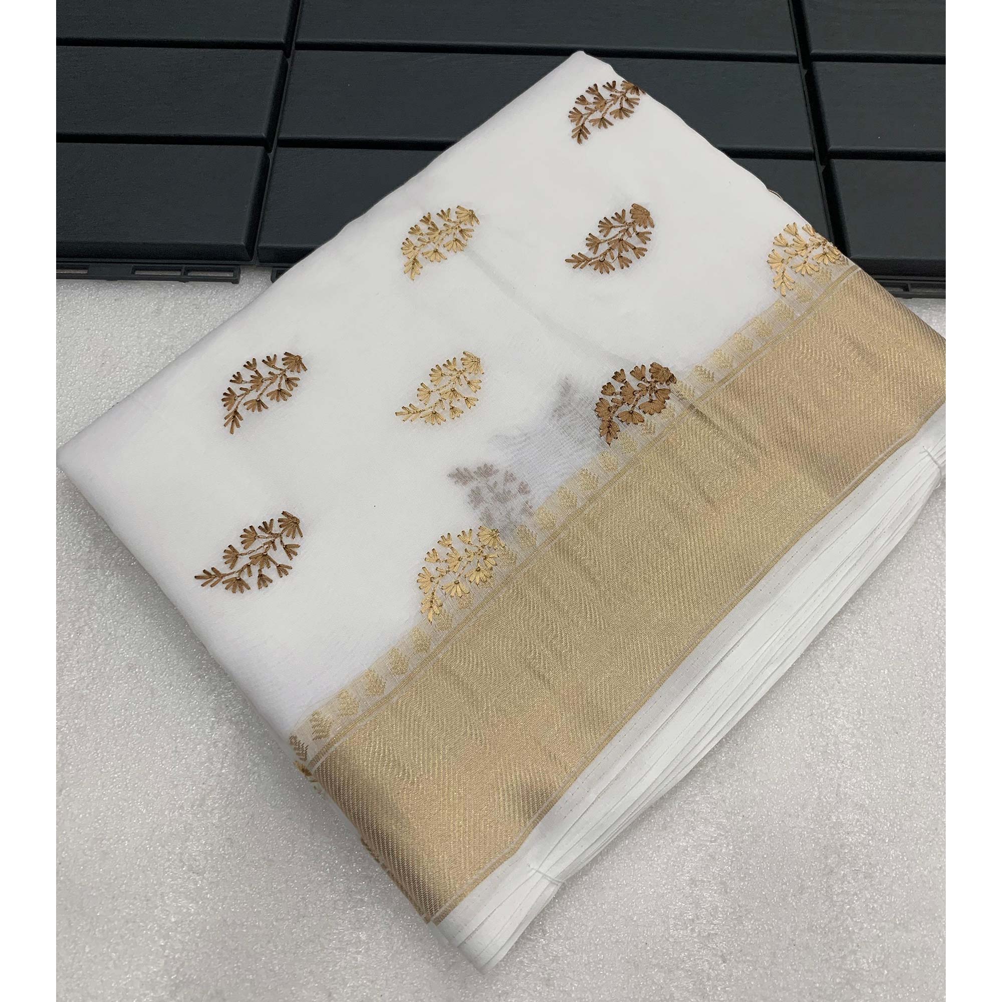 White Floral Embroidered Cotton Silk Saree Woven Border