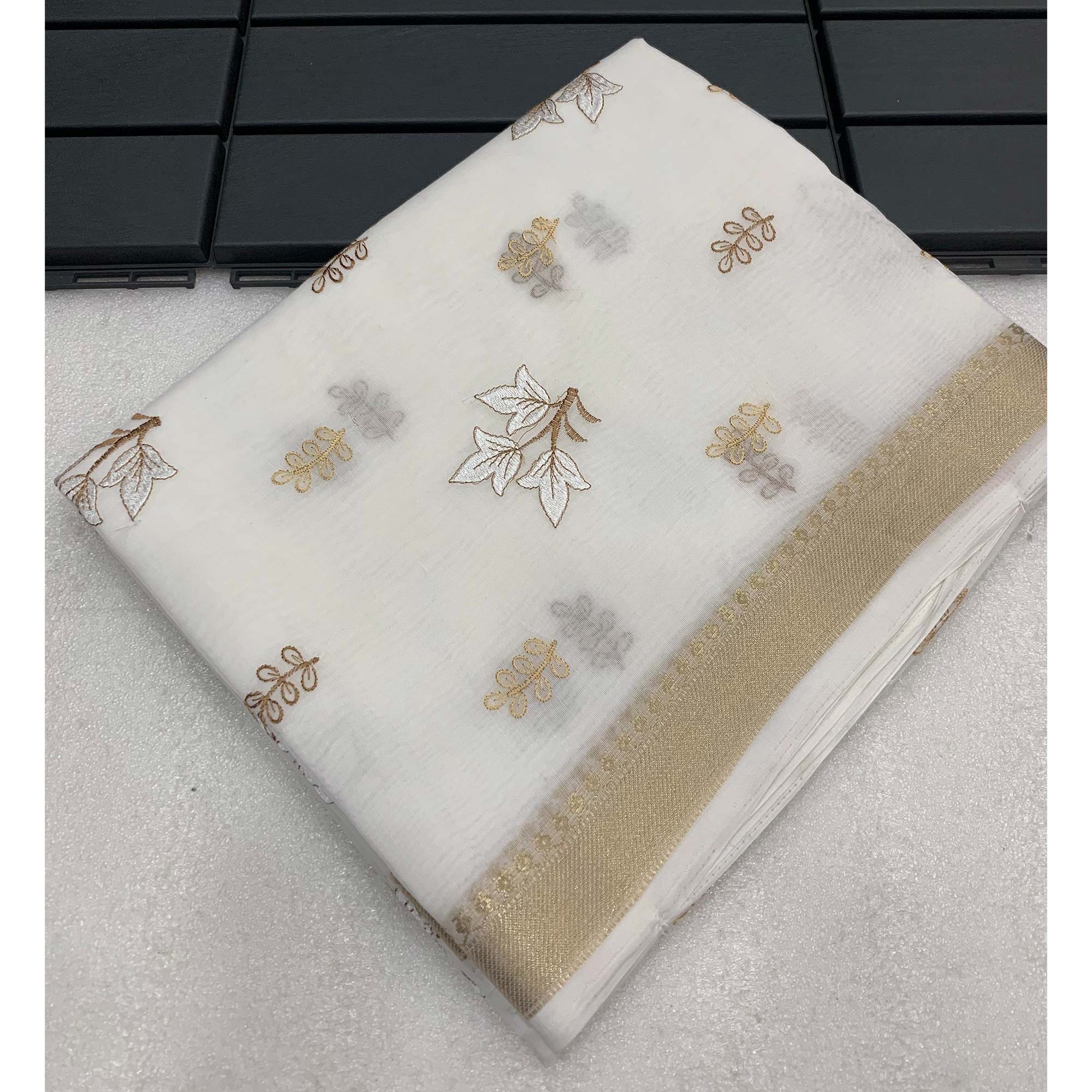 White Floral Embroidered Cotton Silk Saree Woven Border