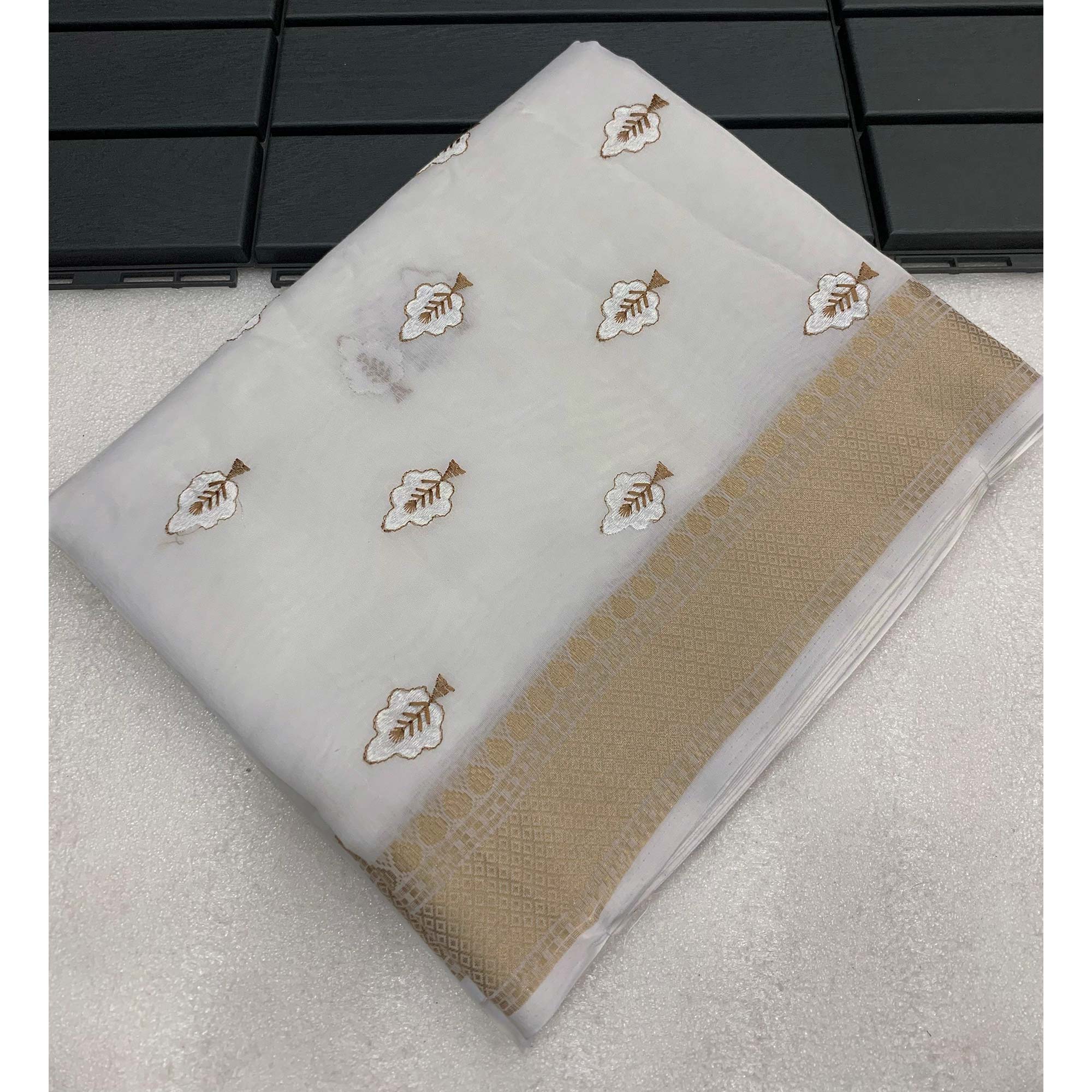 White Floral Embroidered Cotton Silk Saree Woven Border