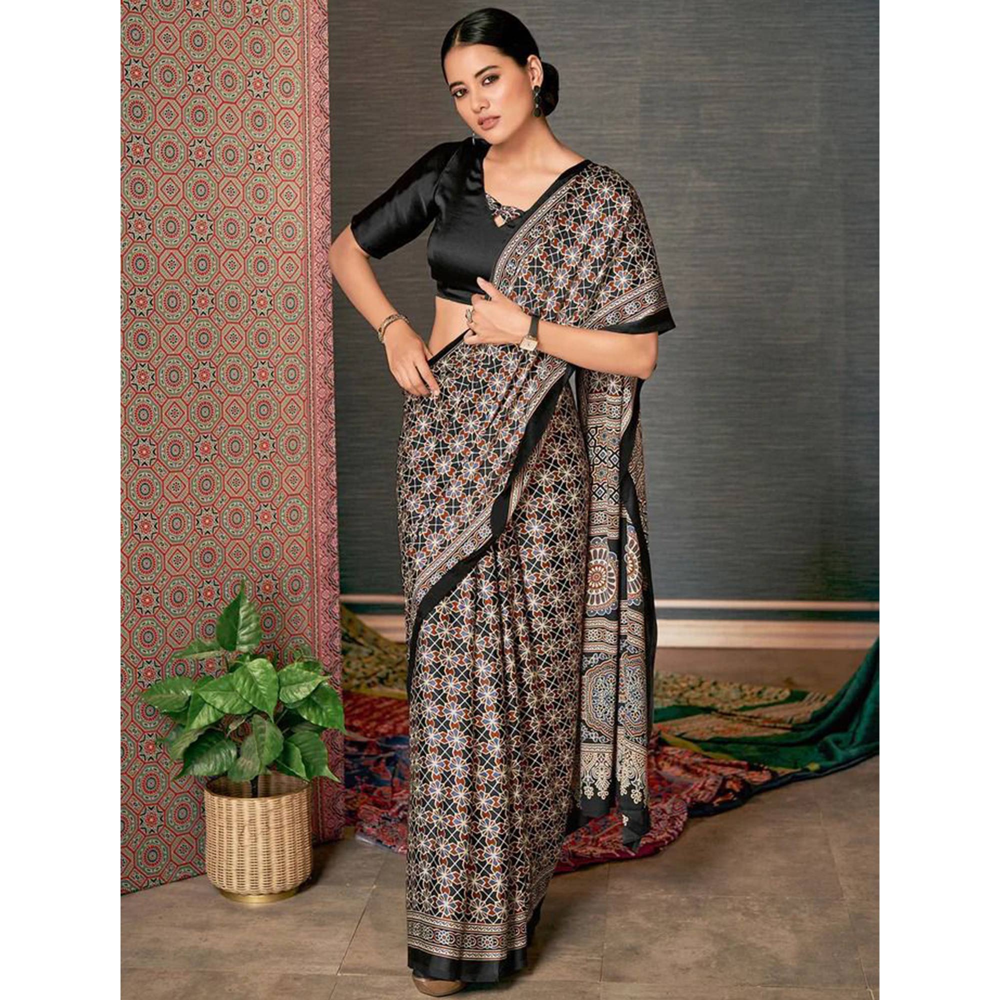 Black Ajrakh Printed Satin Saree